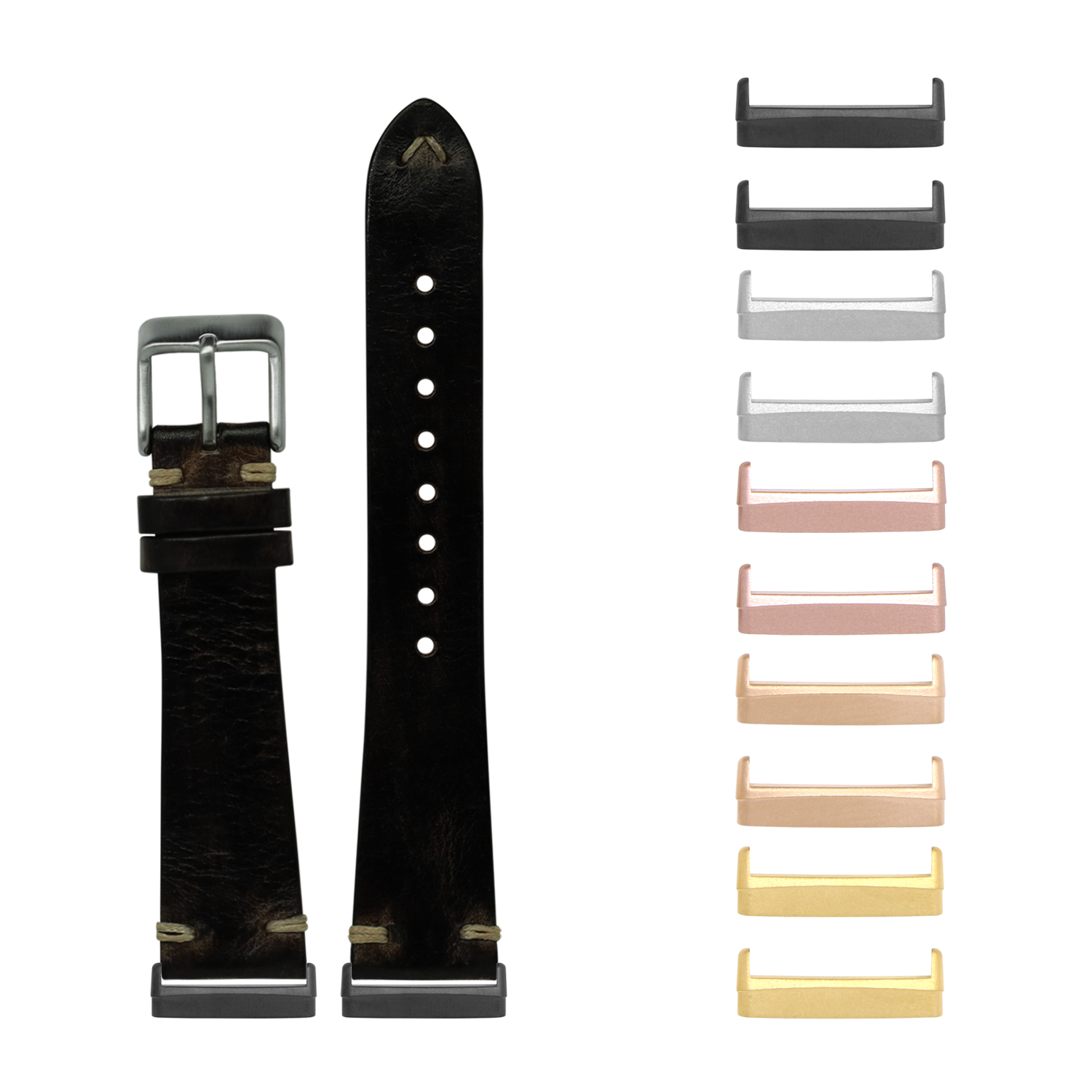 Black leather smartwatch band with metal buckle and matching interchangeable case bezels in multiple finishes