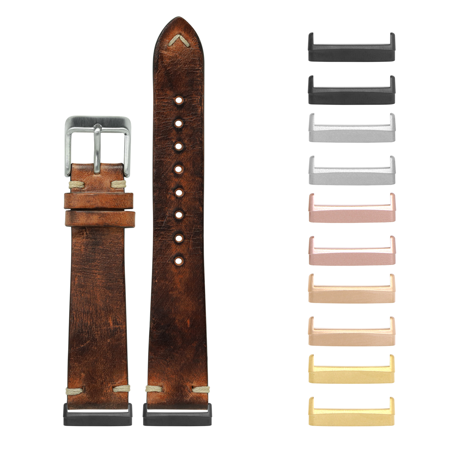 Smoked brown vintage leather watch band with interchangeable metal lugs in multiple finishes for Fitbit Versa and Sense smartwatches