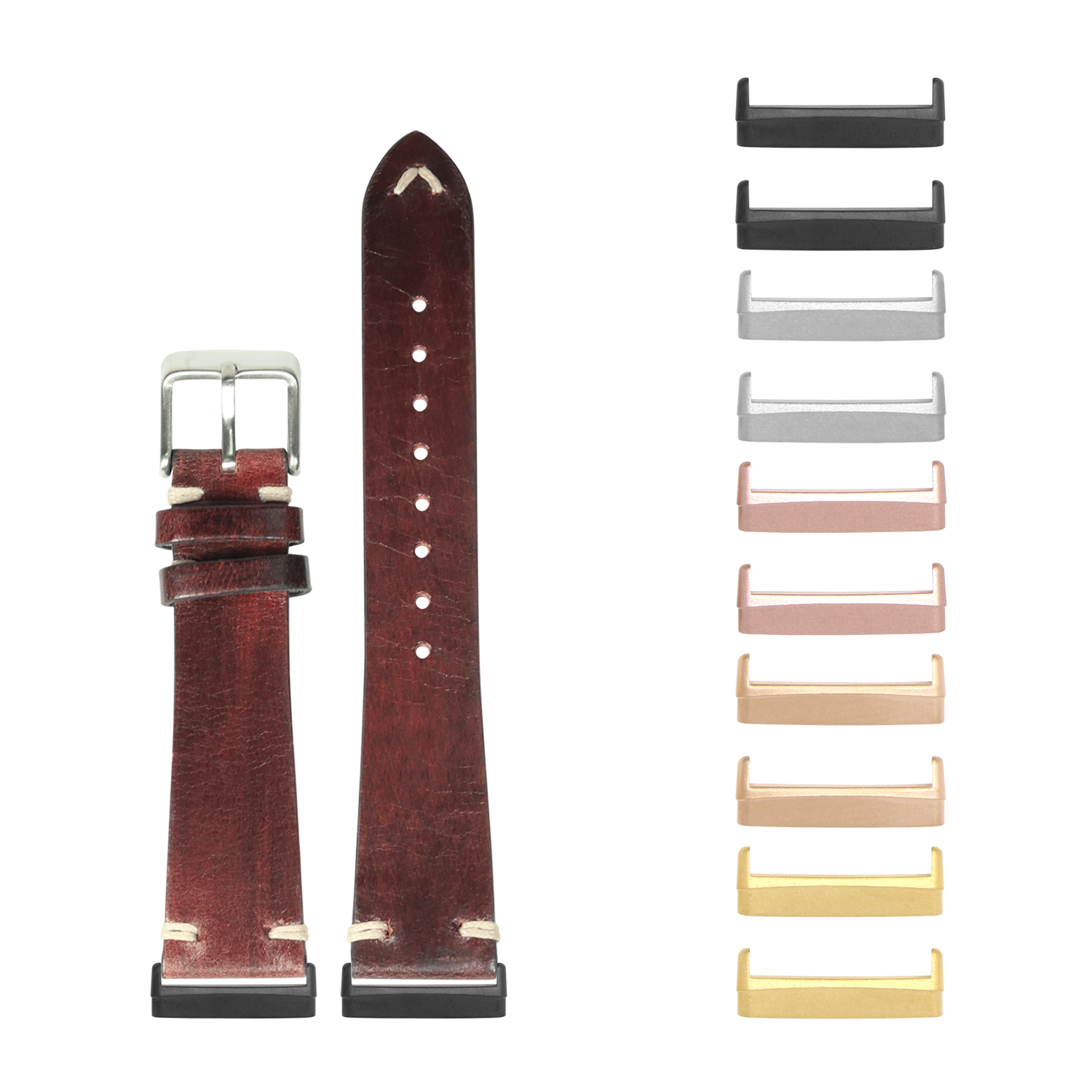 Burgundy leather watch band with metal buckle and interchangeable metal lugs in multiple finishes including black, rose gold, and gold