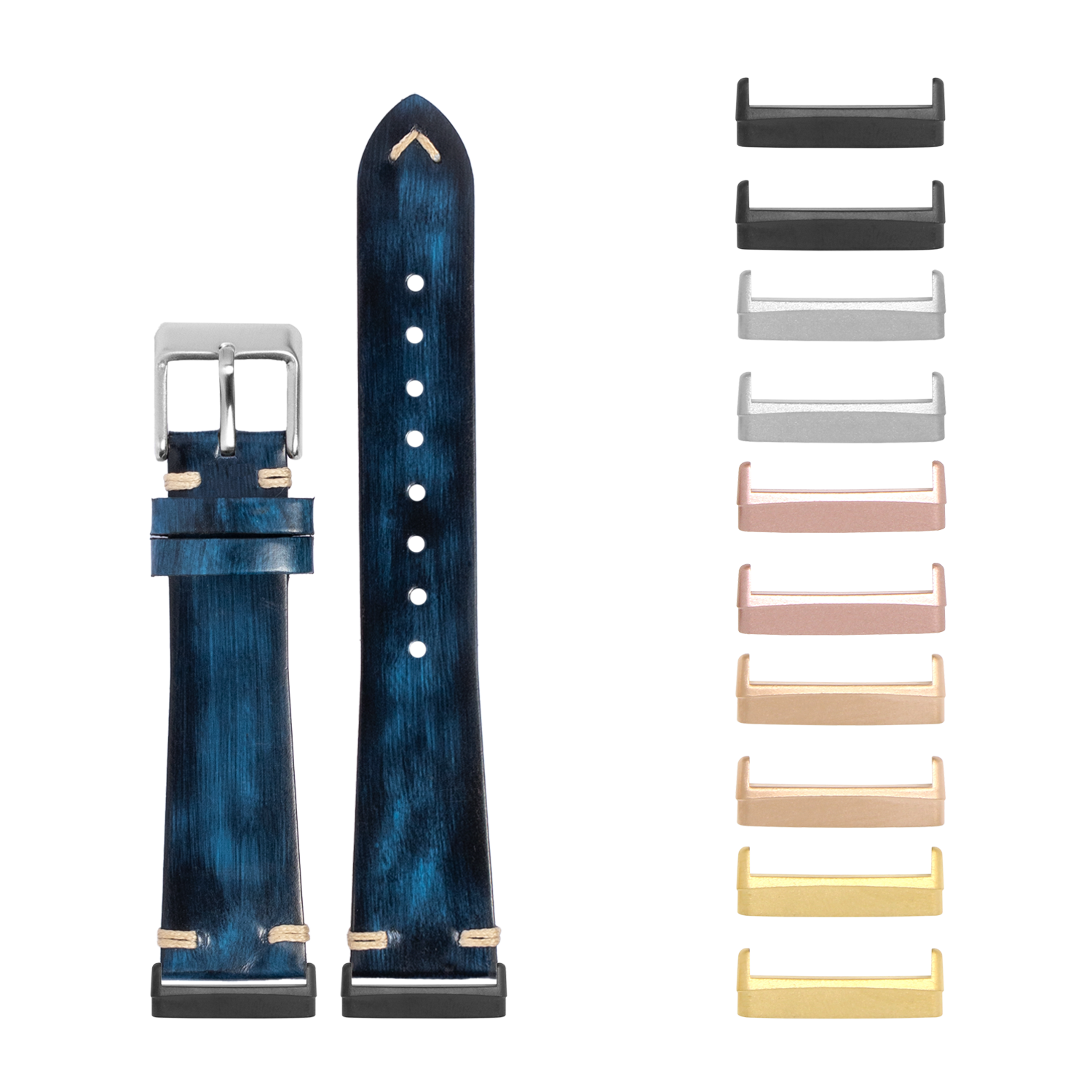 Blue leather watch band with silver buckle and interchangeable metal lugs in multiple colors including black, gray, rose gold, and gold