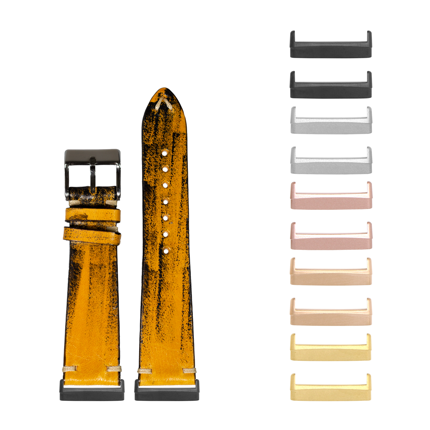 Vintage smoked yellow leather watch band with interchangeable metal lugs in multiple finish options for Fitbit Versa and Sense smartwatches