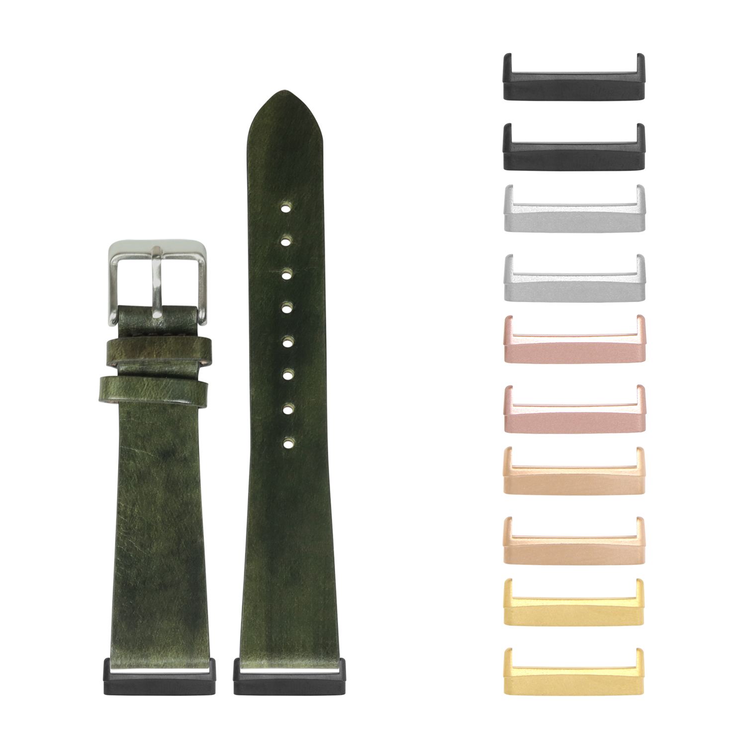Burnished Amazon green vintage leather watch band with silver buckle, displayed with interchangeable metal lugs in multiple finish options