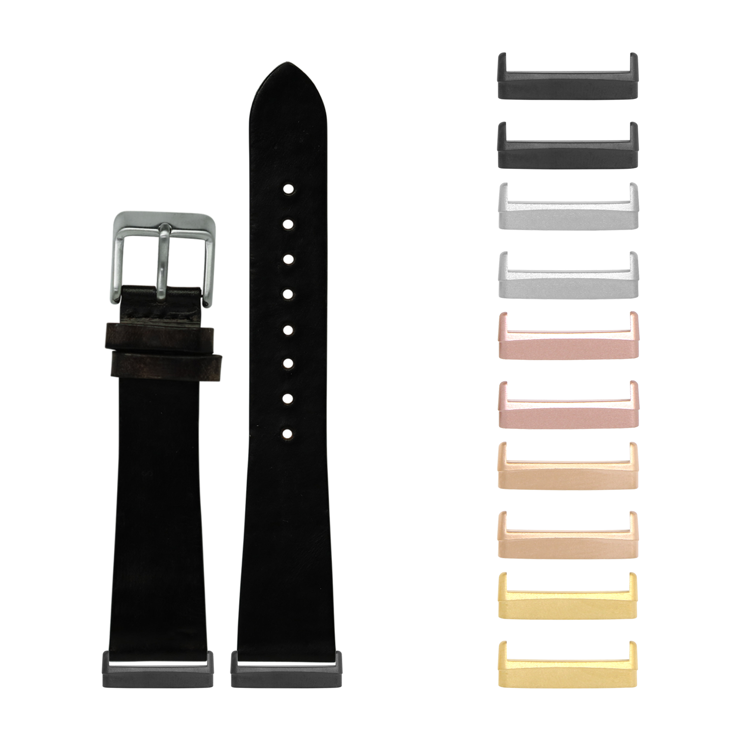 Black leather watch band with metal buckle and interchangeable lugs in multiple finishes for Fitbit Versa and Sense smartwatches