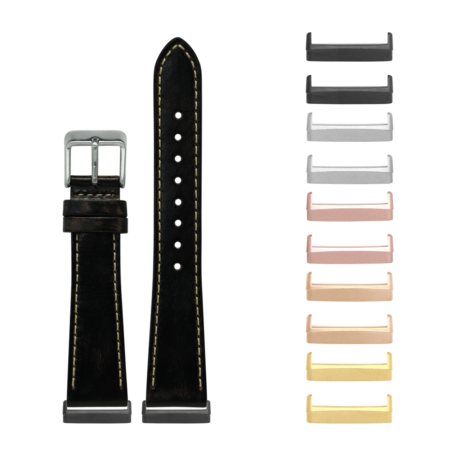 Black leather watch band with contrast stitching and interchangeable metal lugs in multiple finishes for Fitbit Versa and Sense smartwatches