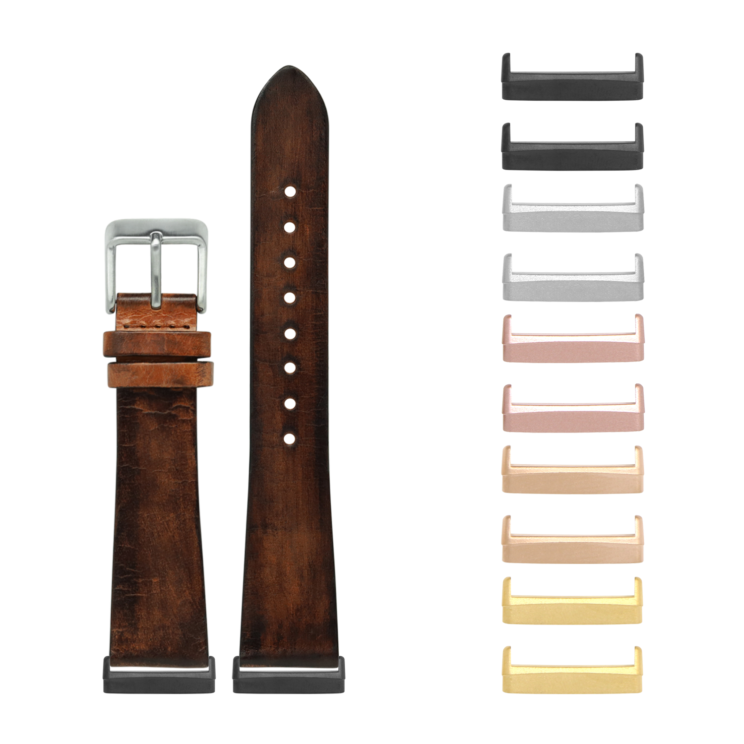 Brown vintage leather watch band with interchangeable metal connectors in multiple finishes for Fitbit Versa and Sense smartwatches