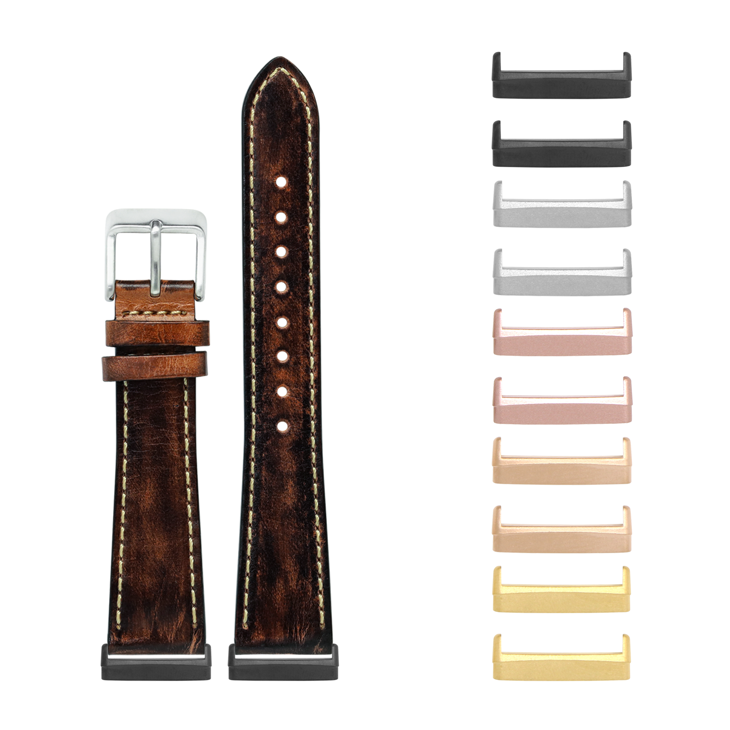 Smoked brown vintage leather smartwatch band with contrast stitching and interchangeable metal lugs in multiple finishes for Fitbit Versa and Sense
