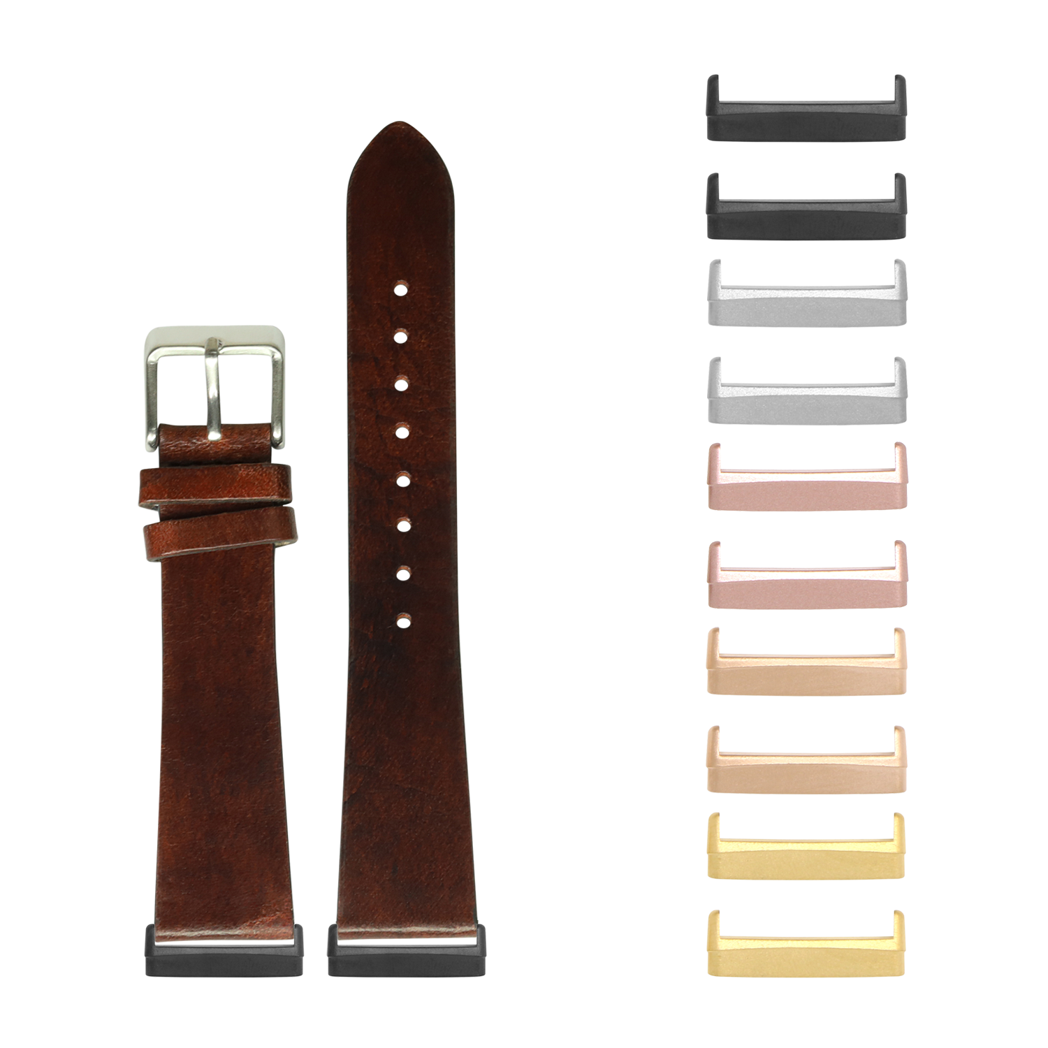 Brown leather watch band with interchangeable metal lugs for Fitbit Versa and Sense smartwatches