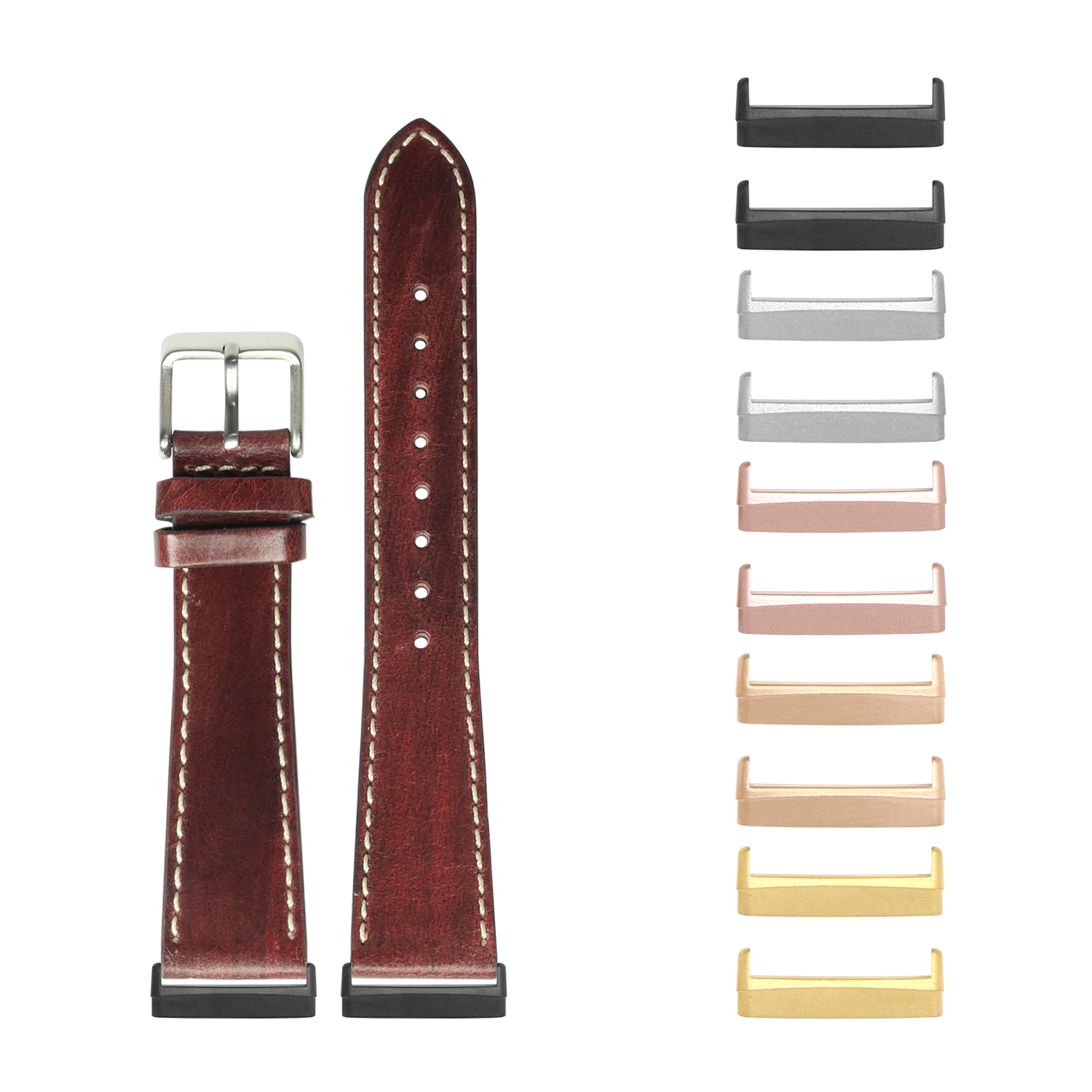 Burgundy leather smartwatch band with contrast white stitching and interchangeable metal adapters in multiple finishes