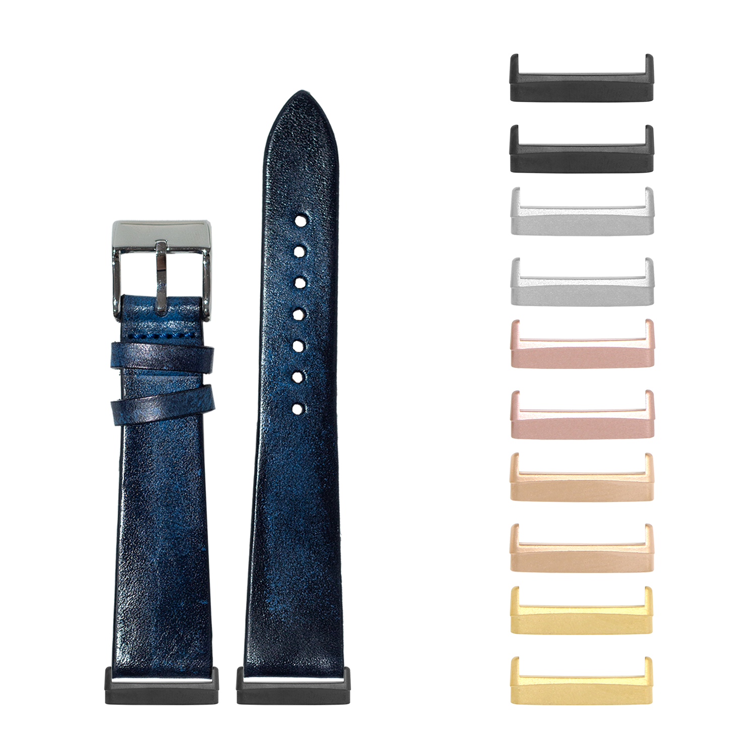 Smoked navy blue vintage leather watch band with interchangeable metal lugs in multiple finishes for Fitbit Versa and Sense