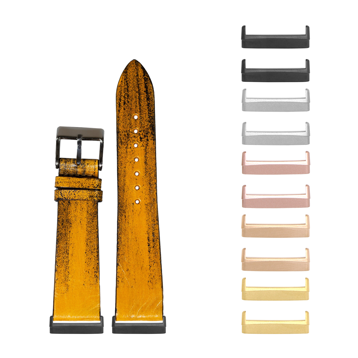 Yellow vintage leather watch band with interchangeable buckle lugs in multiple metal finishes