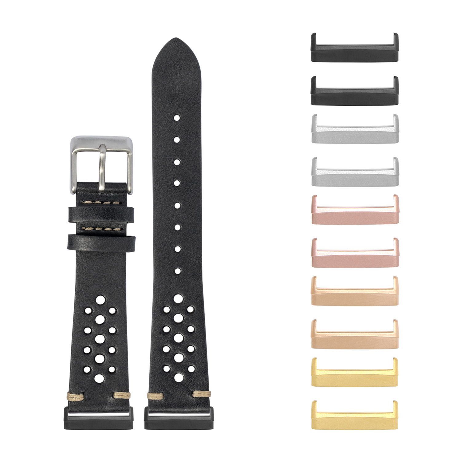 Black perforated leather watch band with stainless steel buckle and interchangeable metal lugs in multiple finishes for Fitbit Versa and Sense watches