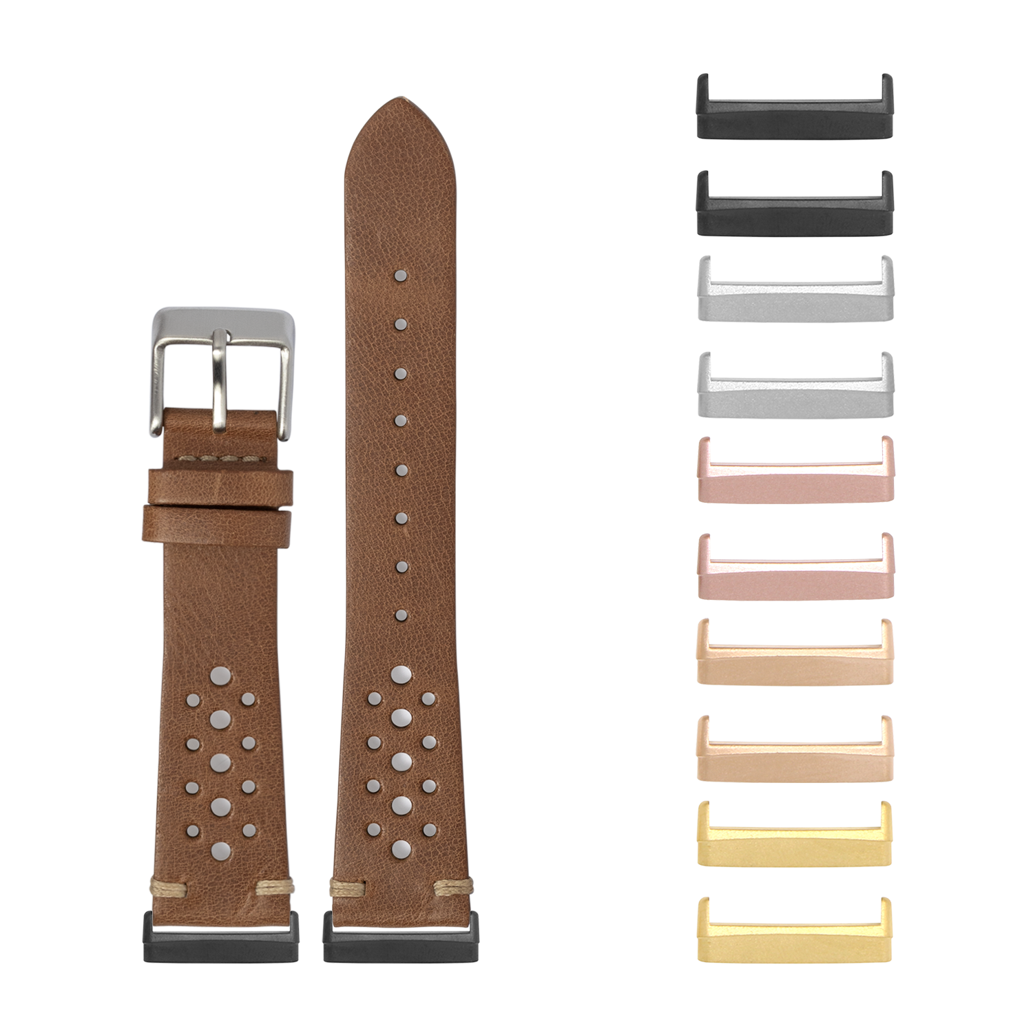 Brown leather watch band with stud details and interchangeable metal hardware in multiple finishes for Fitbit Versa and Sense watches