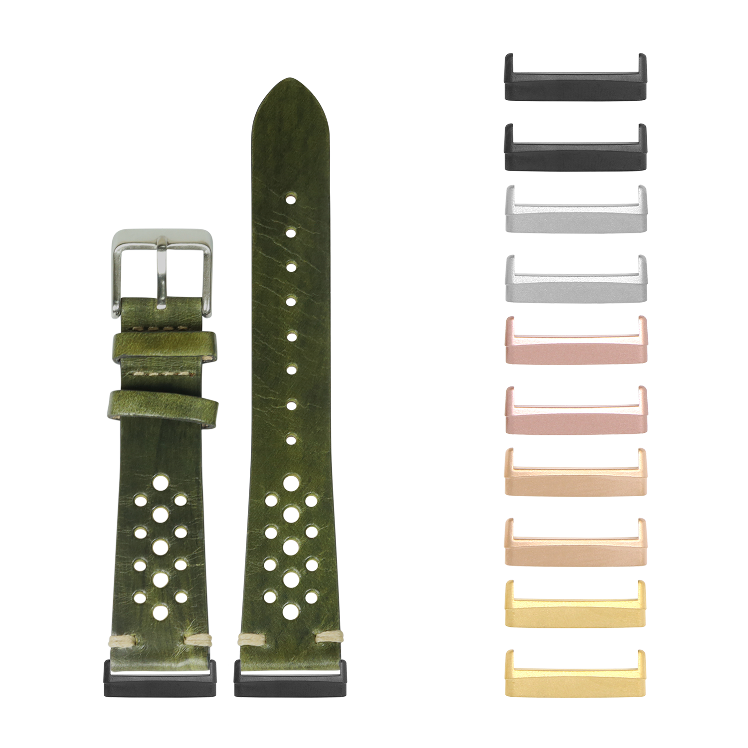 Burnished Amazon green vintage rally leather watch band with perforated details and interchangeable metal hardware in multiple finishes