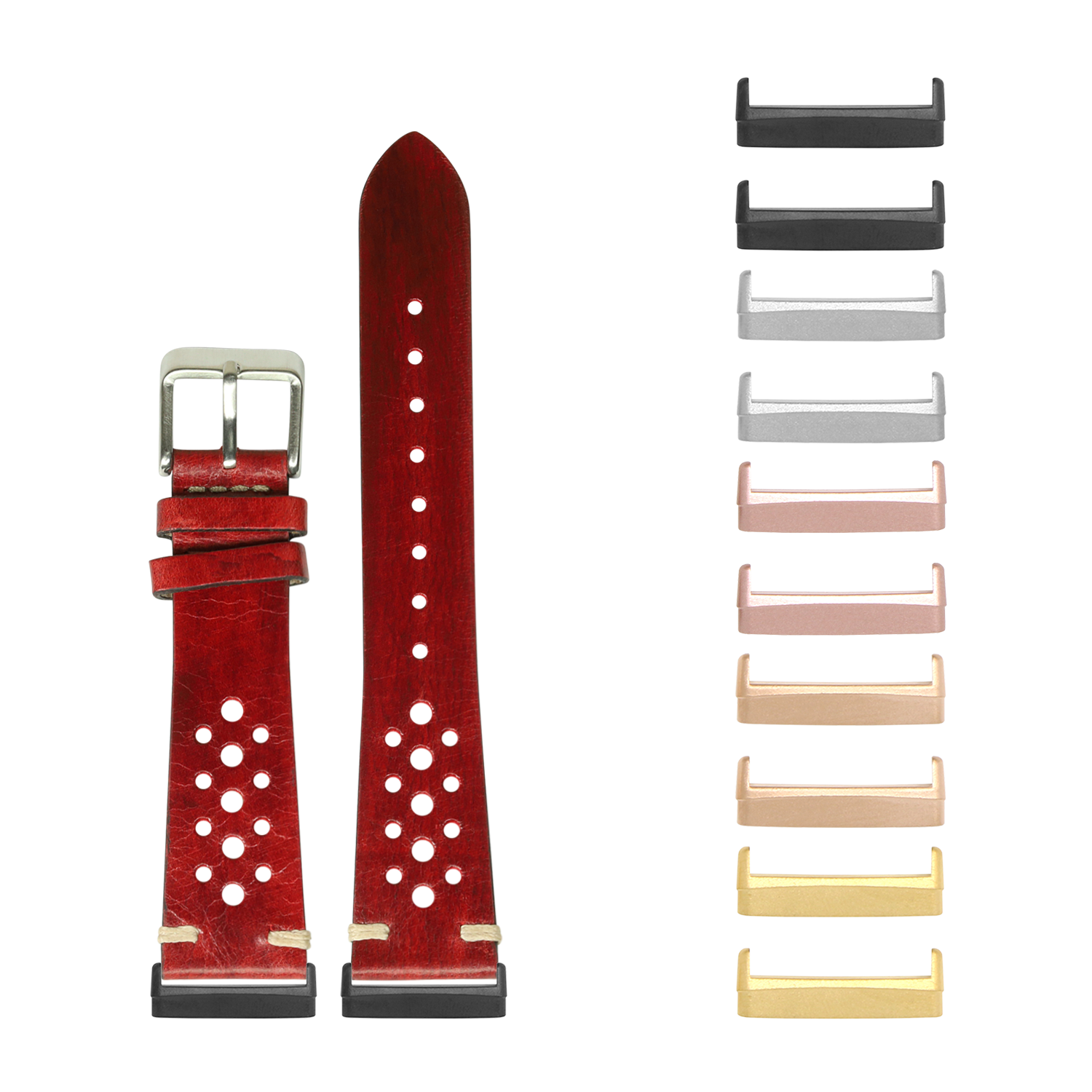 Vintage Rally burnished red leather smartwatch band with white perforated detail and interchangeable metal connectors in multiple finishes