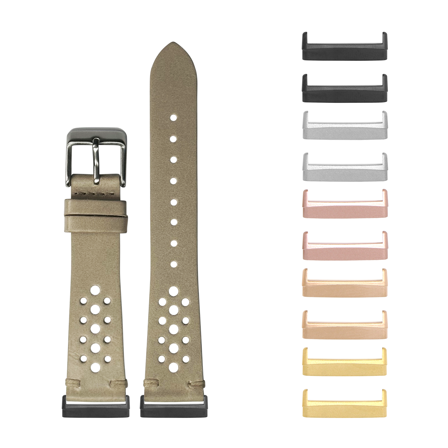 Cream vintage rally perforated leather smartwatch band with metal buckle and interchangeable lugs in multiple finishes