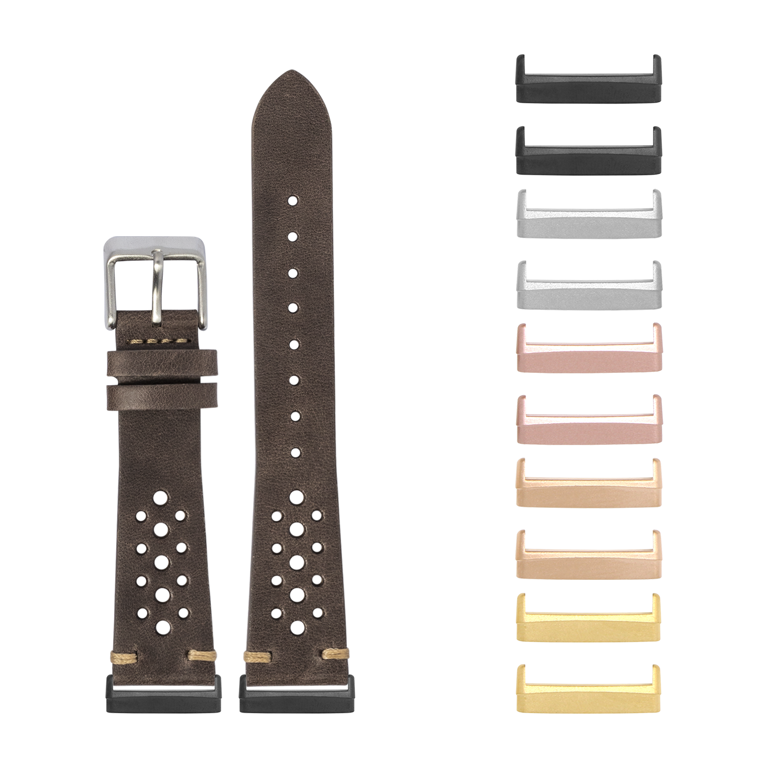 Vintage Rally dark brown perforated leather watch band with interchangeable metal hardware connectors in multiple colors for Fitbit Versa and Sense