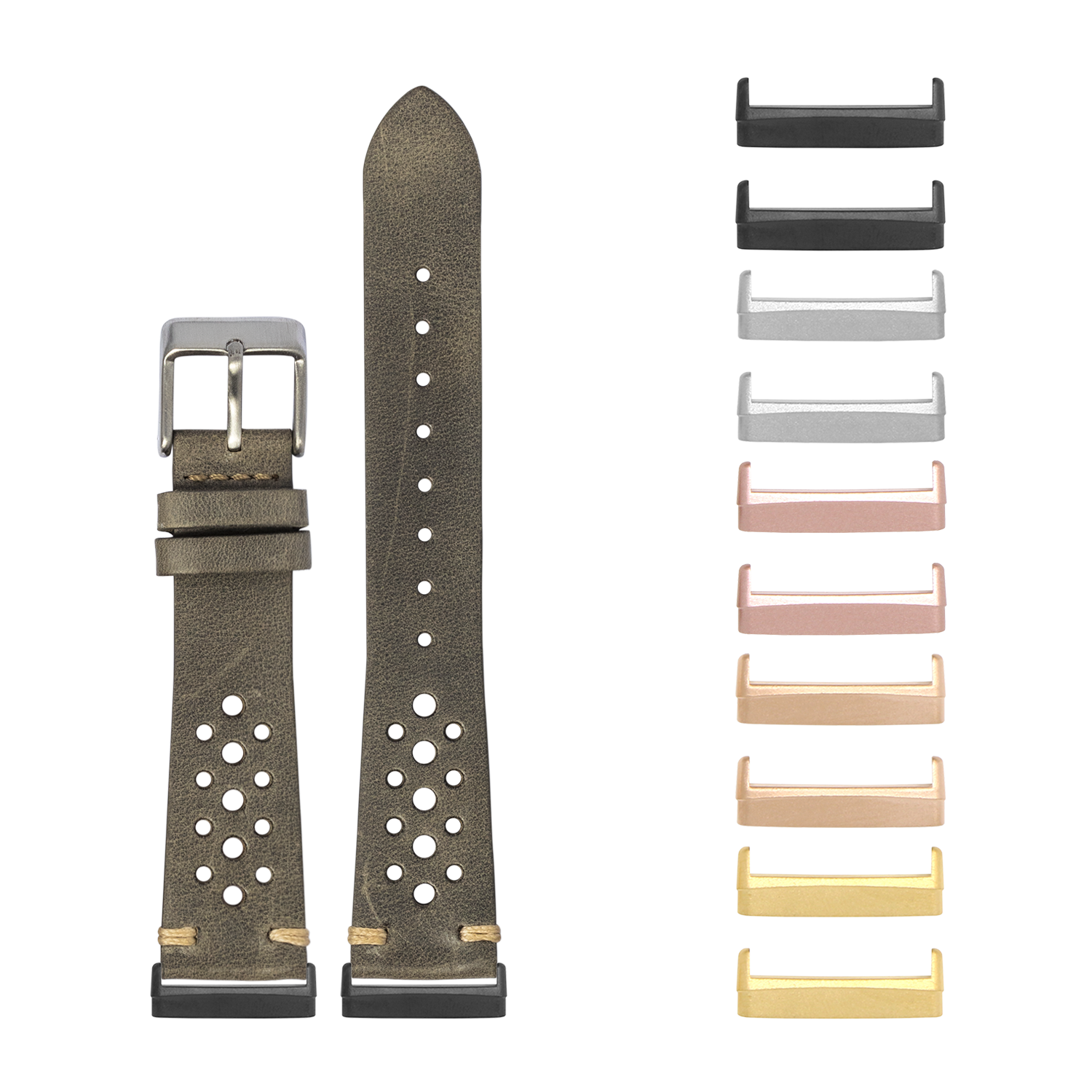 Olive grey perforated leather watch band with interchangeable metal lugs in multiple finishes for Fitbit Versa and Sense smartwatches