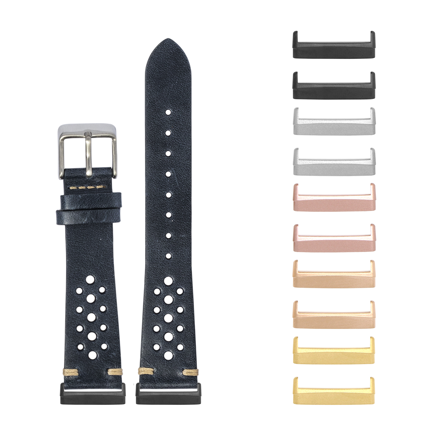 Black leather watch band with perforated holes and stainless steel buckle, shown with interchangeable metal adapters in multiple finishes including black, silver, rose gold, and gold