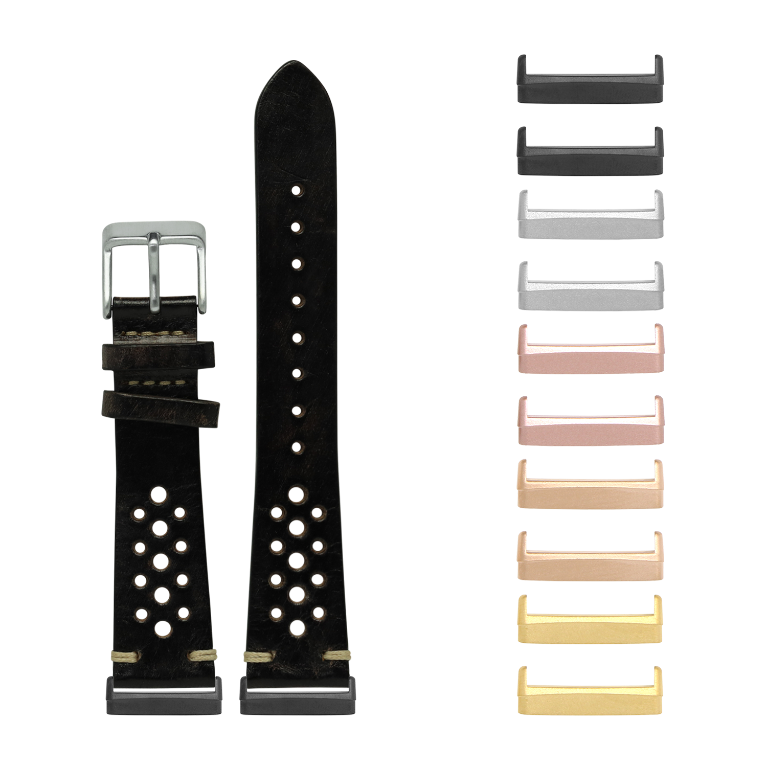 Black perforated leather watch band with silver buckle and matching metal lugs in multiple finishes displayed