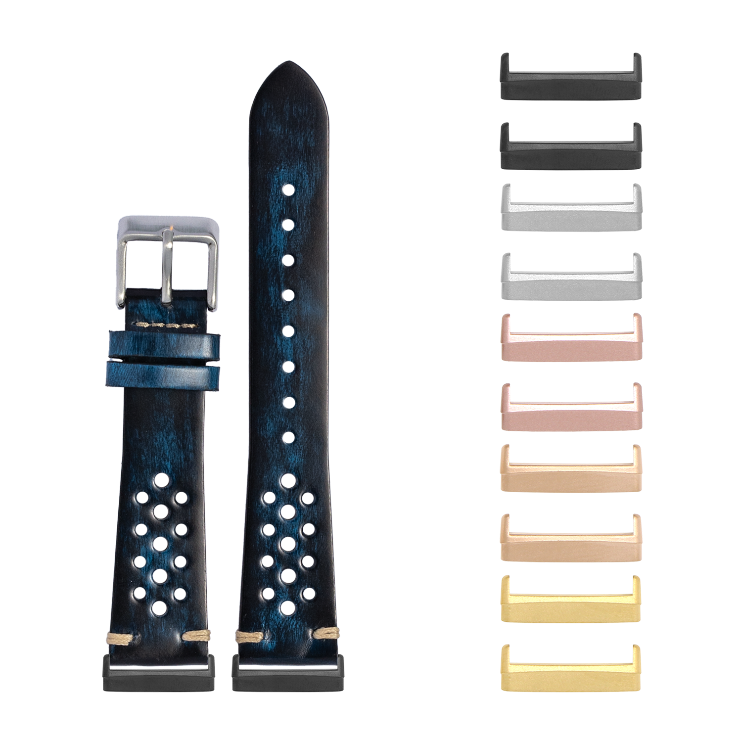 Smoked blue vintage rally leather smartwatch band with interchangeable metal buckles in multiple finishes for Fitbit Versa and Sense