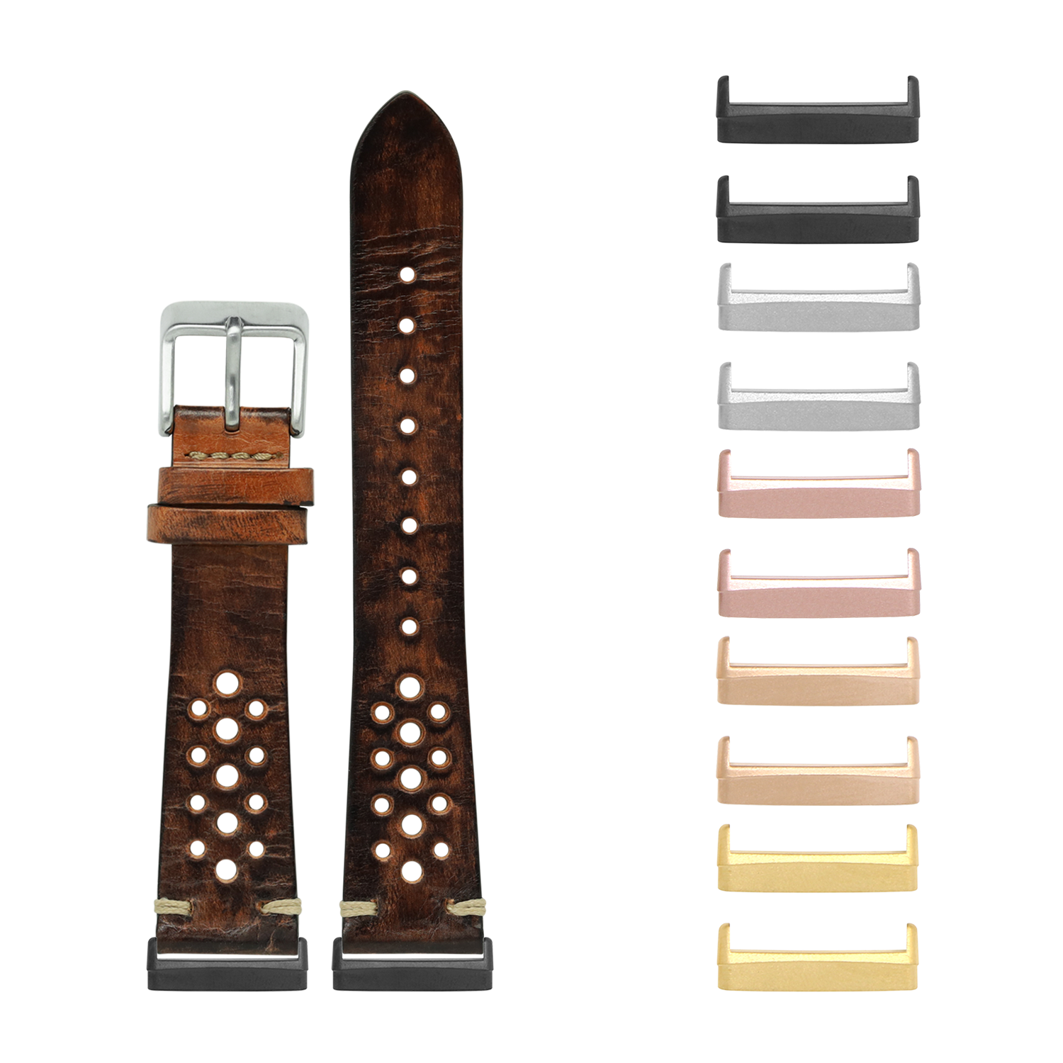 Vintage brown leather watch band with perforated design and interchangeable metal lugs in multiple finishes for Fitbit Versa and Sense smartwatches
