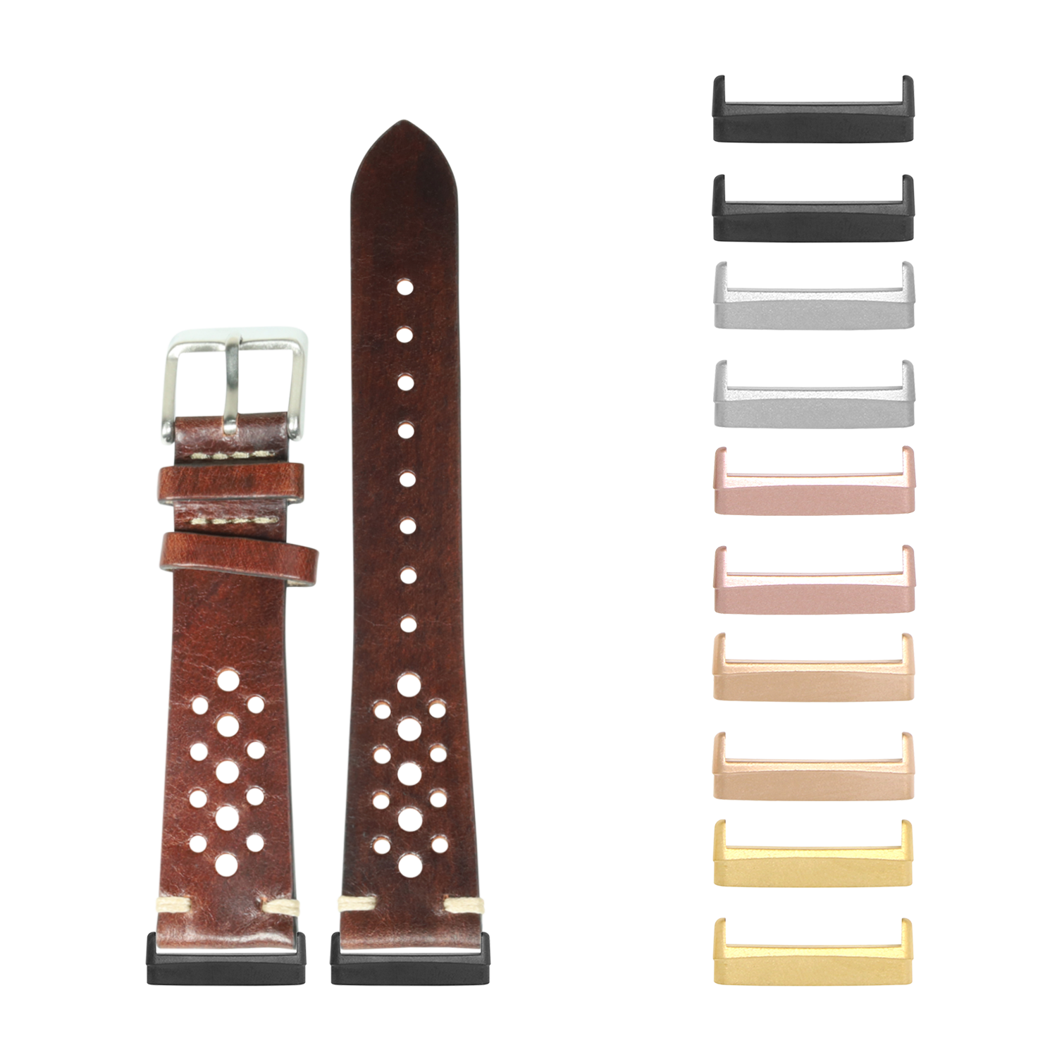 Vintage rally perforated dark brown leather smartwatch band with silver buckle and interchangeable metal adapters in multiple finishes