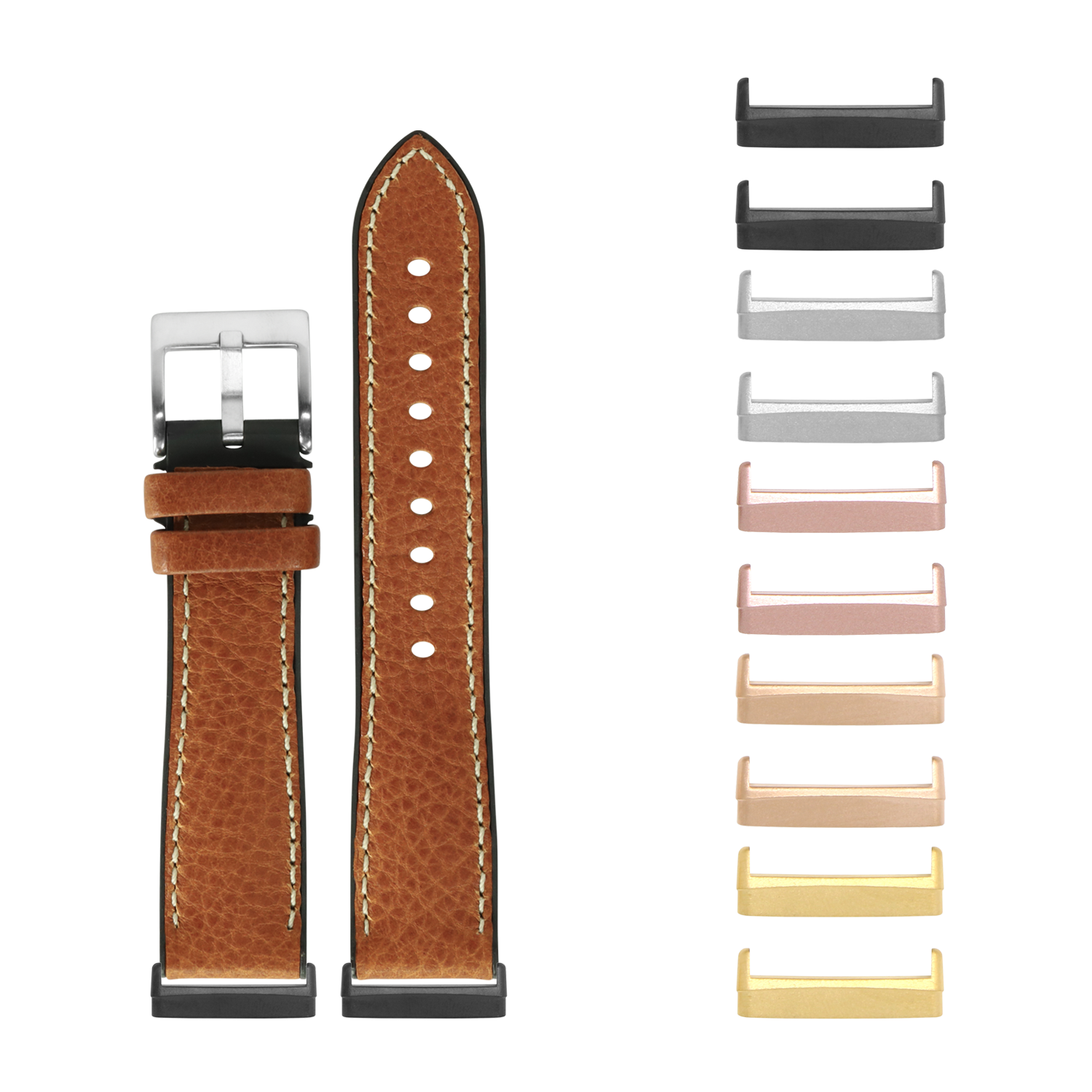 Brown Italian leather smartwatch band with white stitching and interchangeable metal connectors in multiple finishes