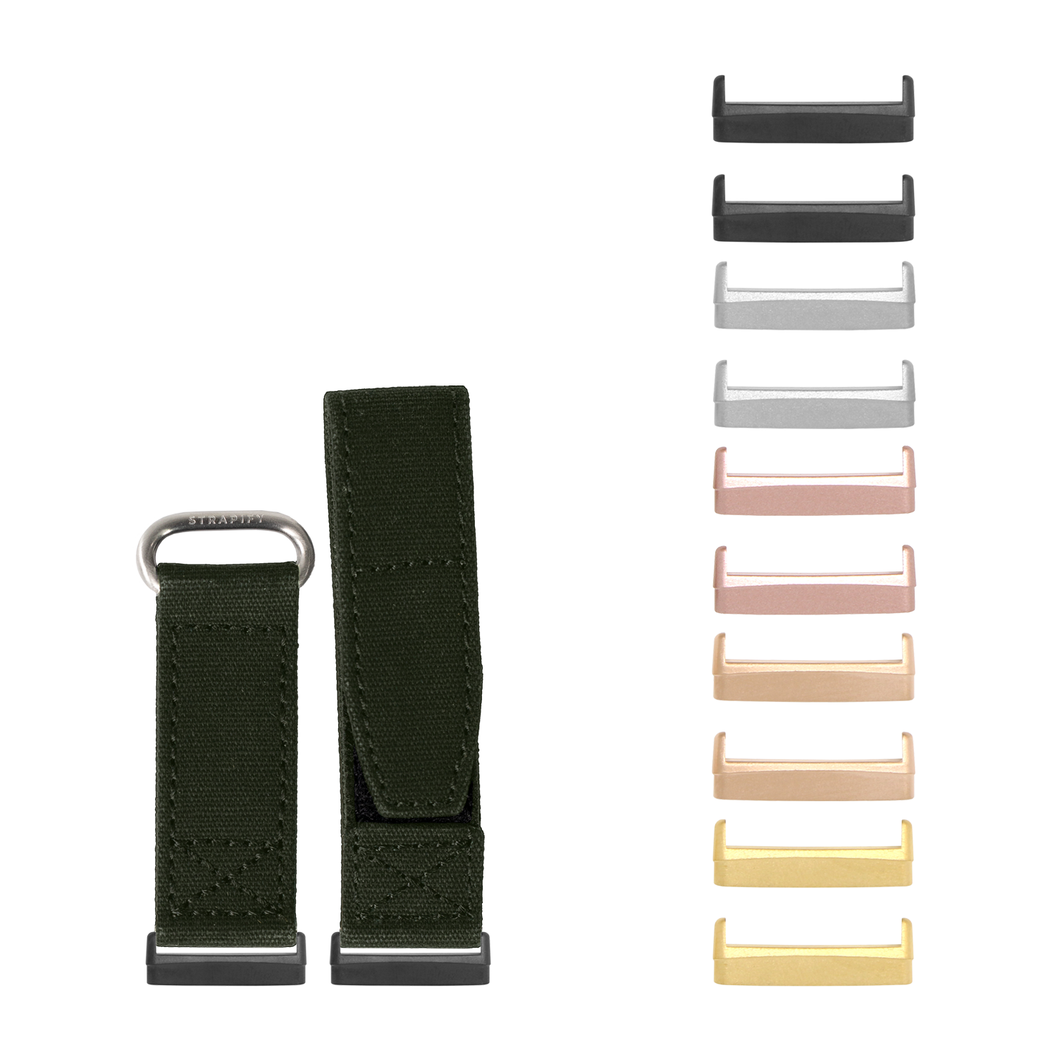 Military green velcro watch bands with metal buckles and interchangeable hardware in multiple colors for Fitbit Versa and Sense smartwatches
