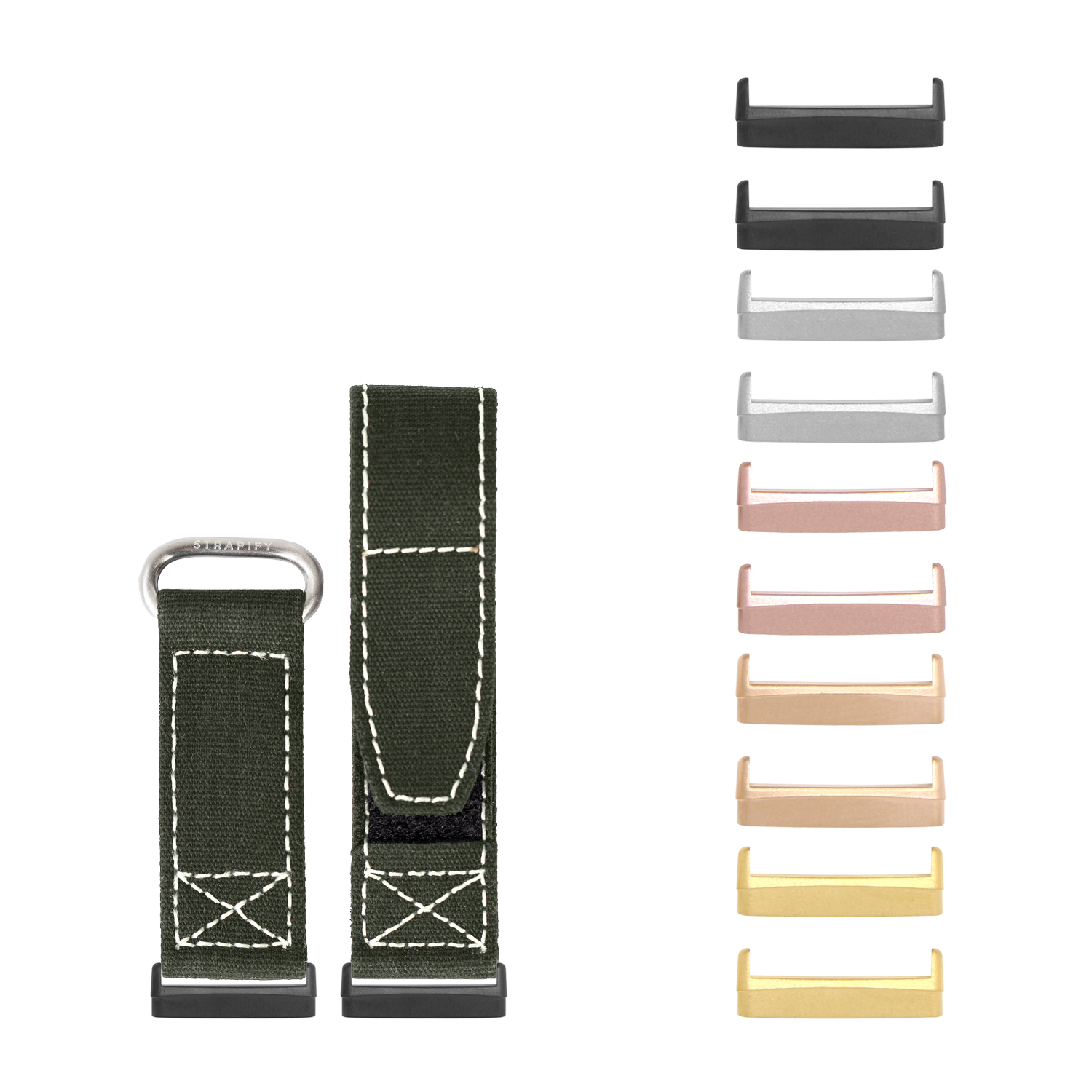 Military green canvas watch band with white stitching and interchangeable metal hardware in multiple finishes for Fitbit Versa and Sense