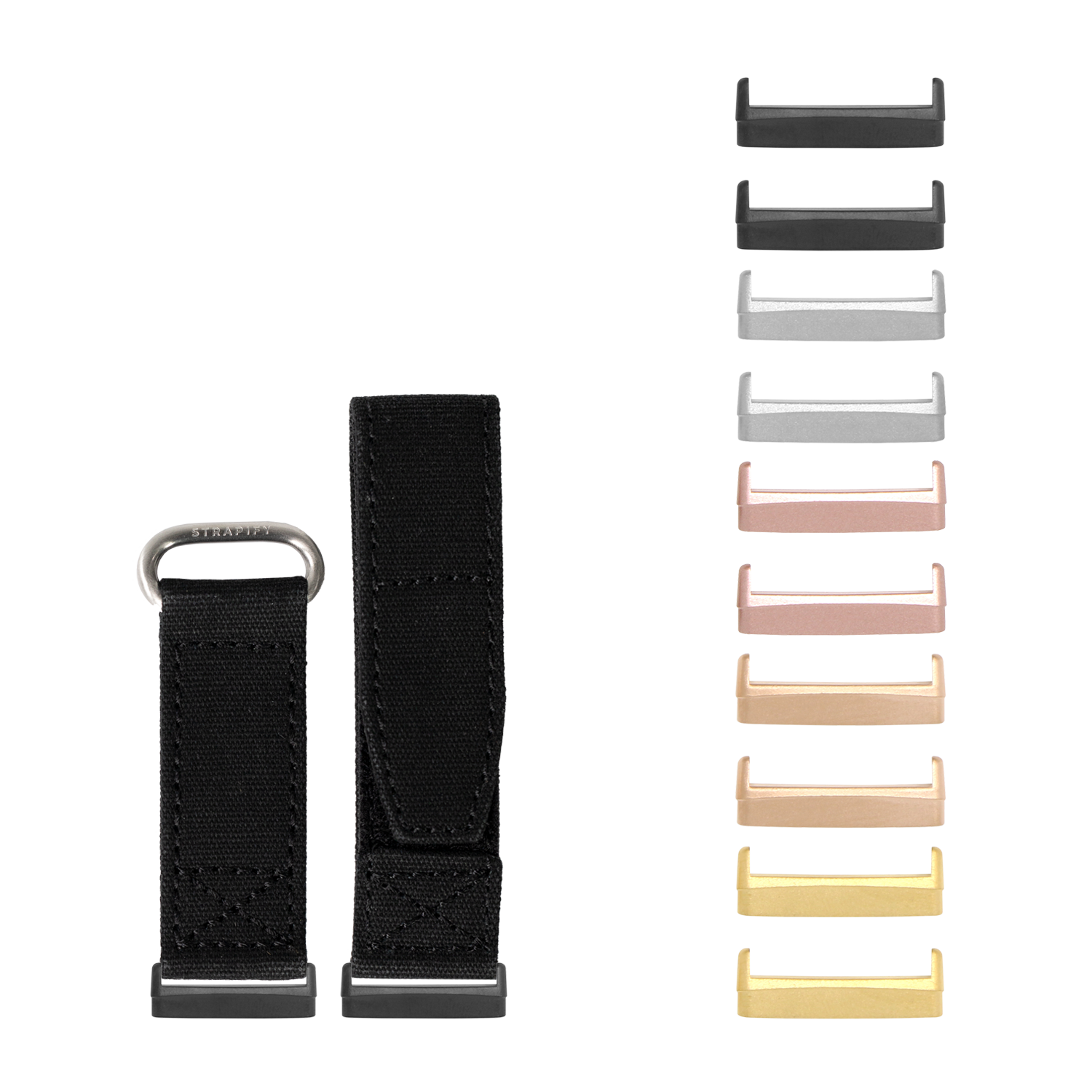 Military velcro watch bands in multiple colors with metal hardware and black textile strap shown in various finish options including black, gray, rose gold, gold, and silver