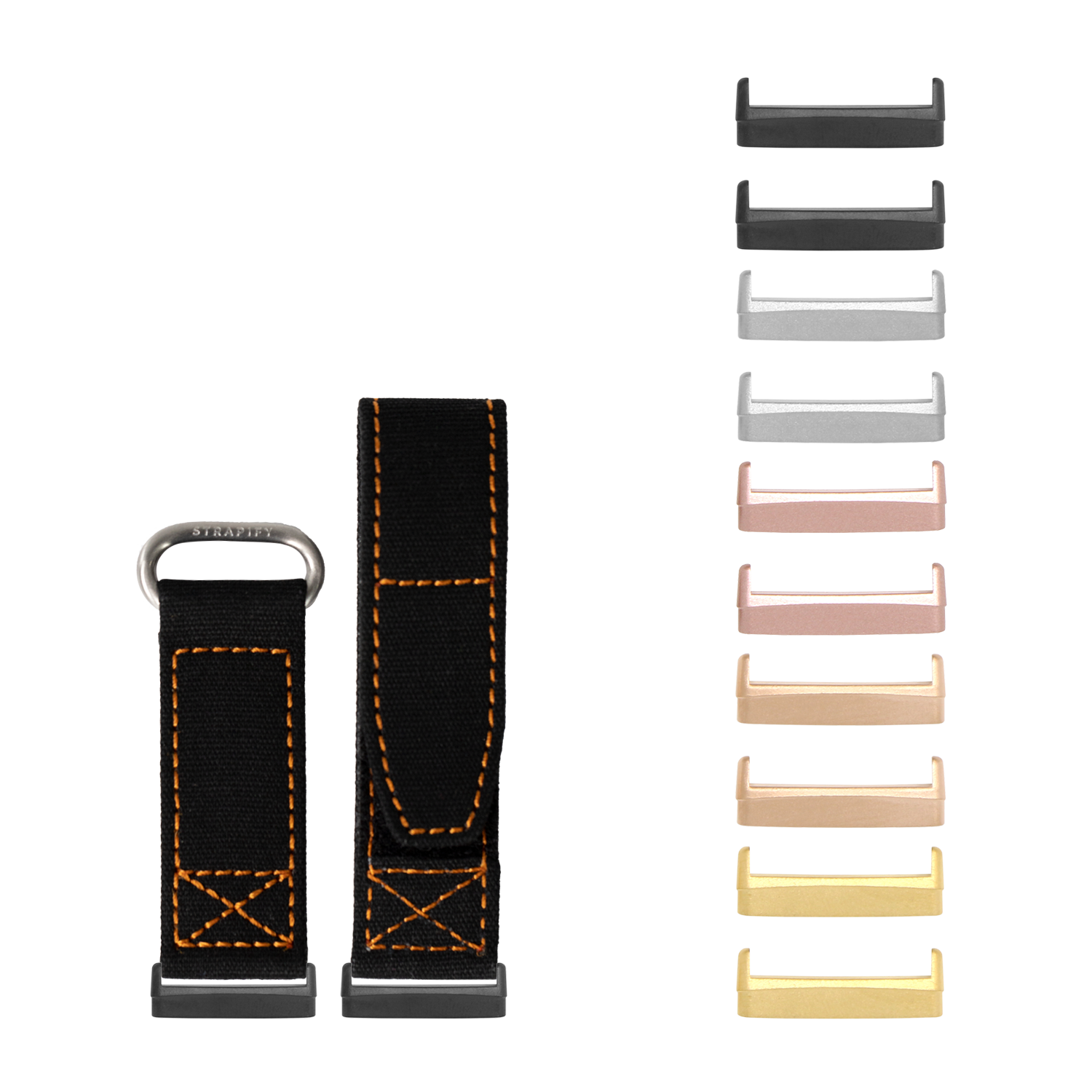Black and orange military velcro watch band with interchangeable metal lugs in multiple colors including black, silver, rose gold, and gold