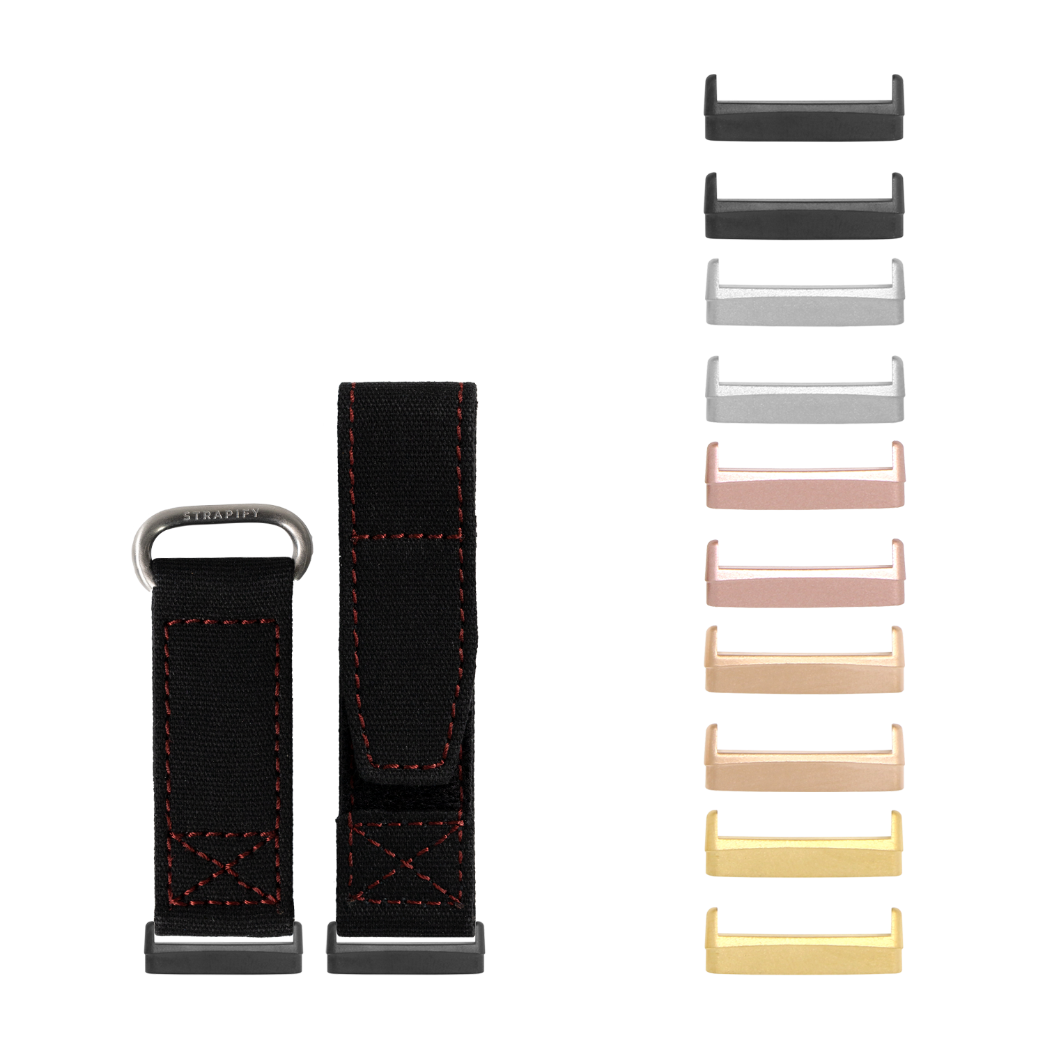 Black and red military velcro watch bands with interchangeable metal lugs in multiple colors including black, silver, rose gold, and gold