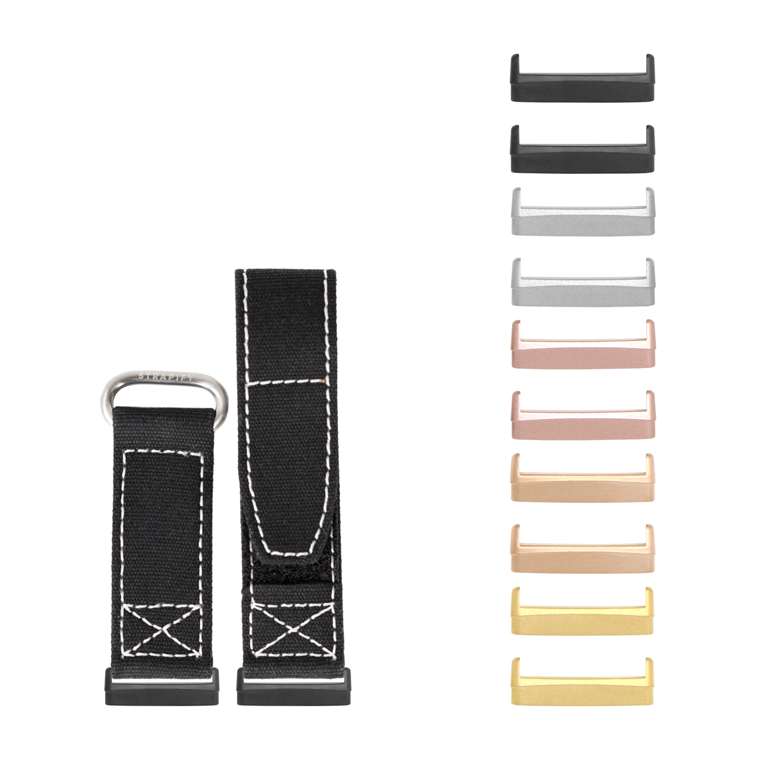 Military velcro watch bands and interchangeable metal lugs for Fitbit Versa and Sense smartwatches in multiple colors