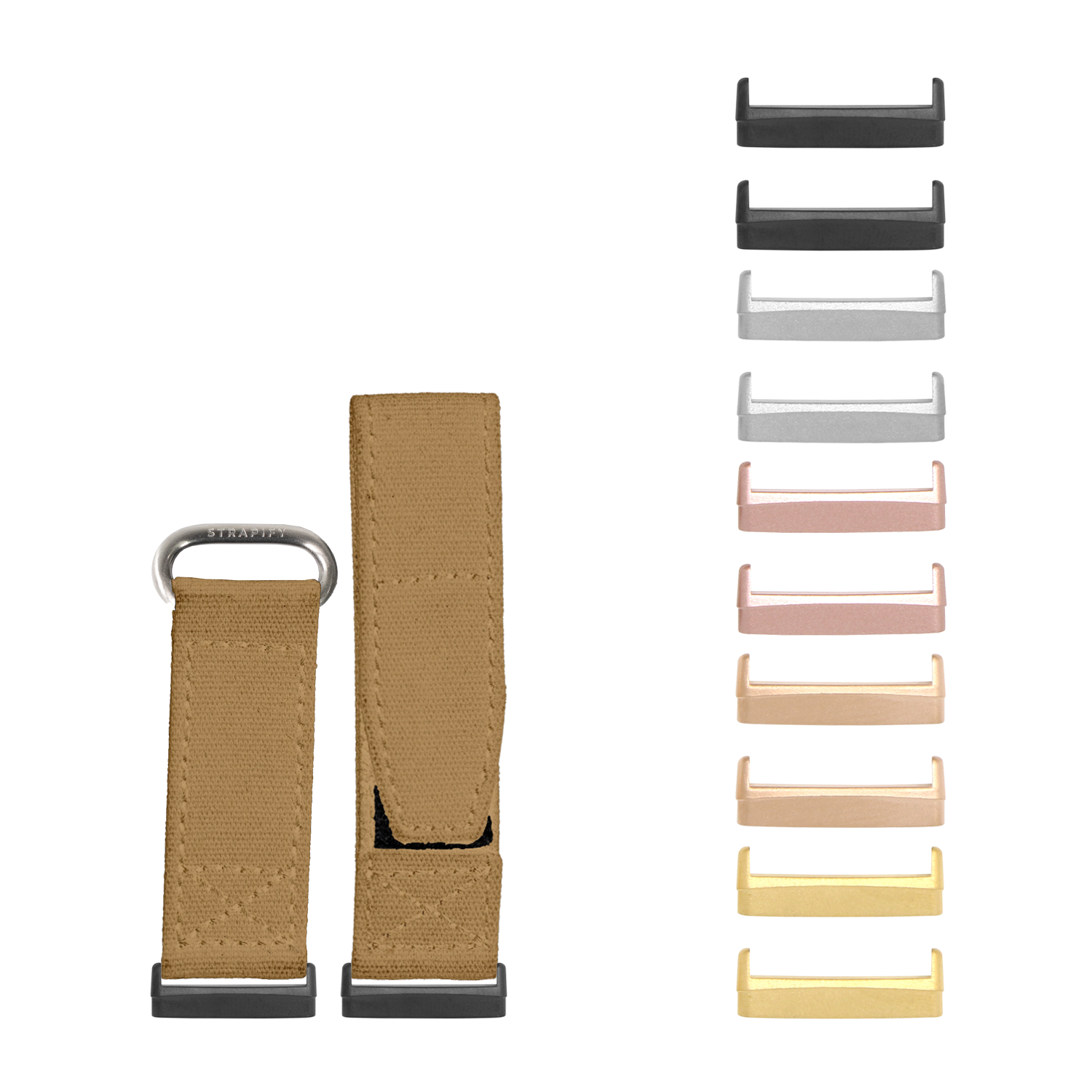Military velcro watch bands in desert sand with interchangeable metal hardware in multiple colors including black, gray, rose gold, and gold