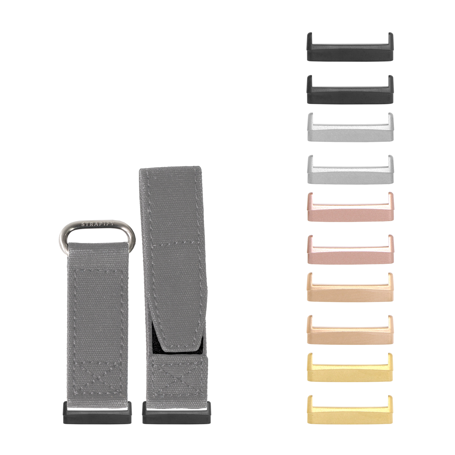 Military velcro watch band for Fitbit Versa 3, Versa 4, Sense 1, and Sense 2 in grey with interchangeable metal hardware in multiple finishes