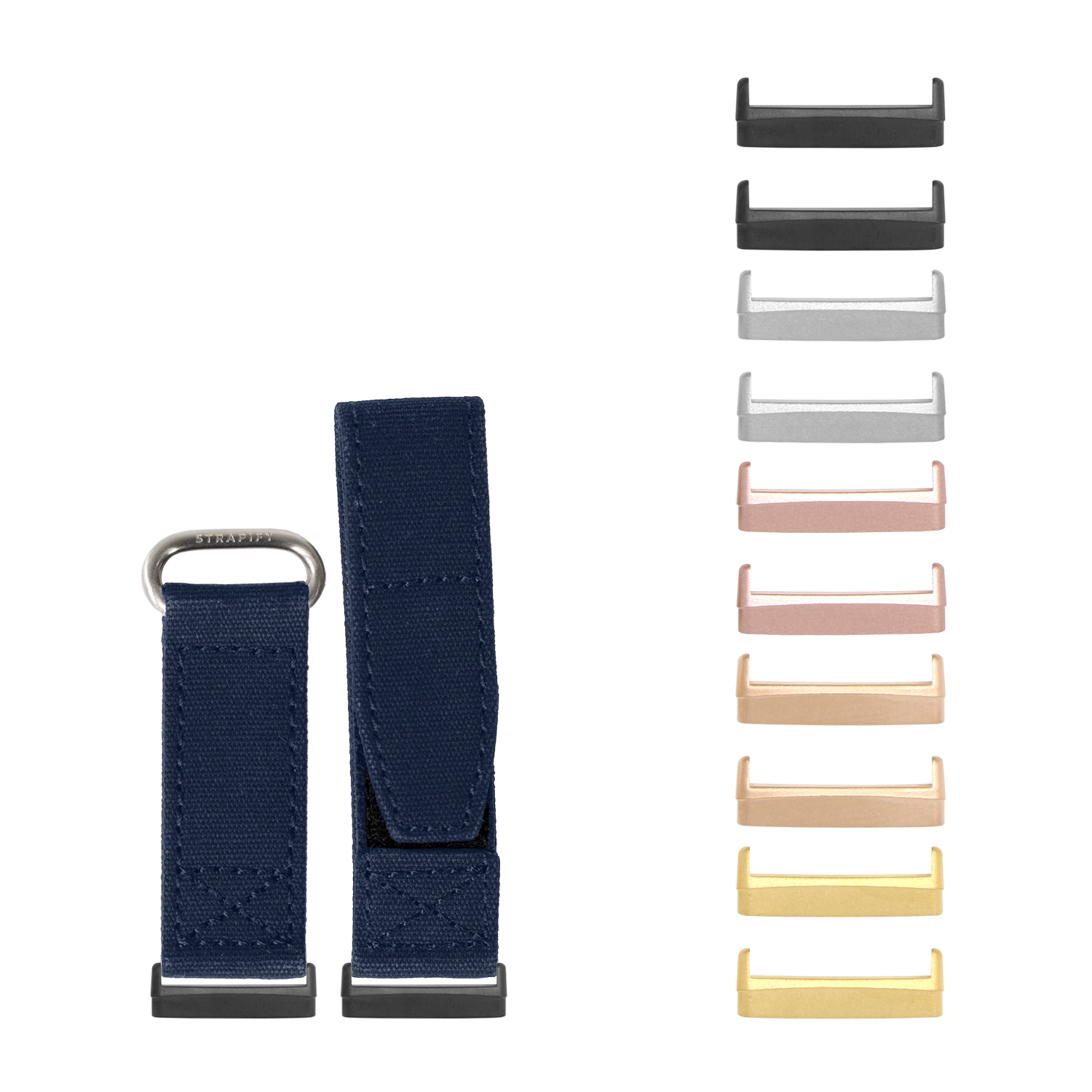 Military velcro watch straps in navy blue with interchangeable metal hardware in multiple color finishes for Fitbit Versa and Sense