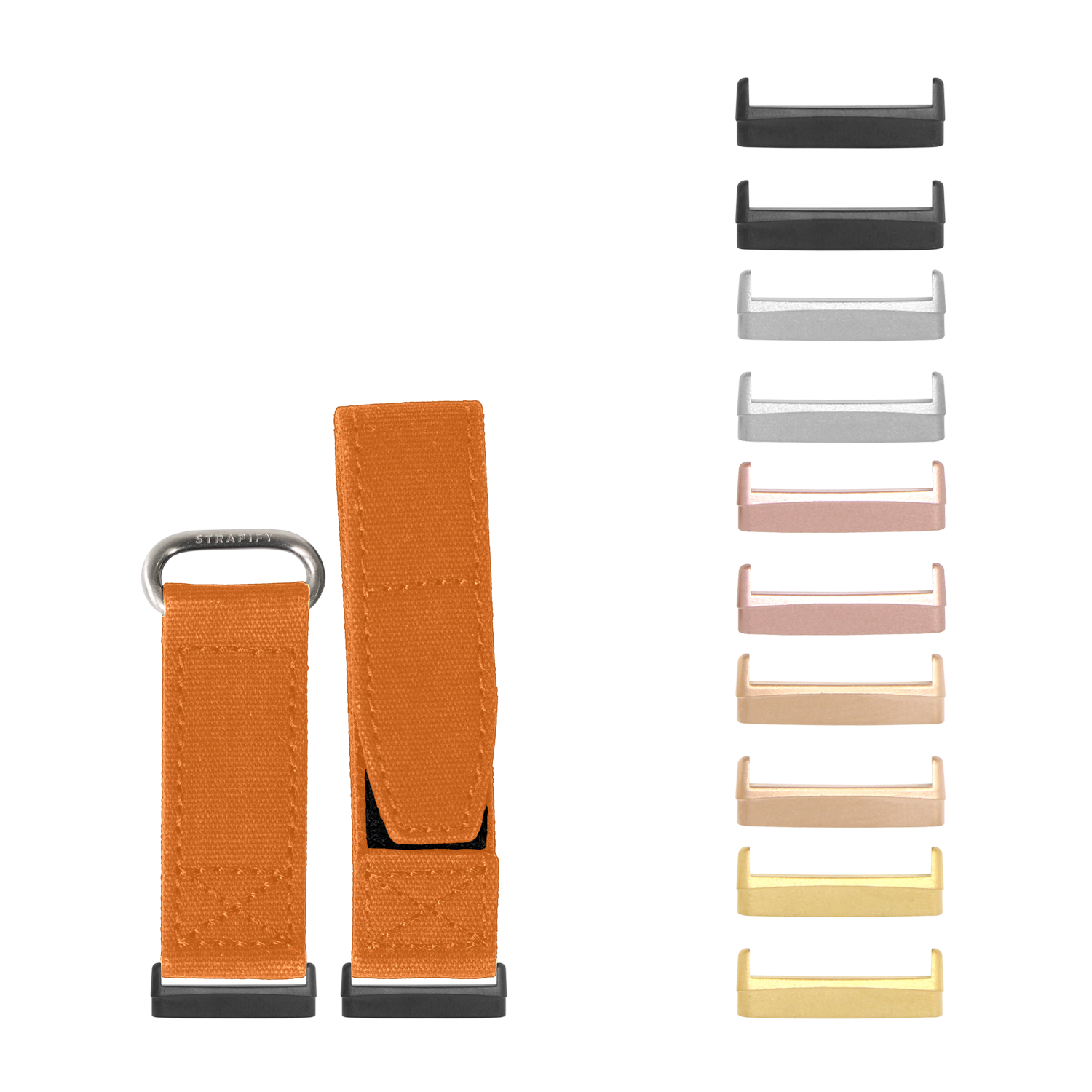 Military velcro watch bands in orange with interchangeable metal hardware in multiple color options