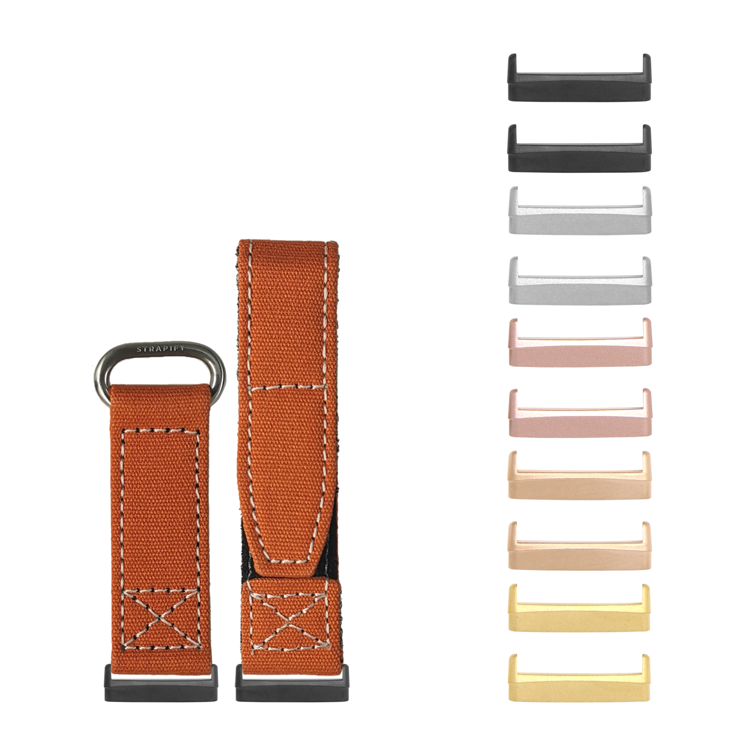 Orange canvas military watch band with white stitching and interchangeable metal lugs in multiple colors