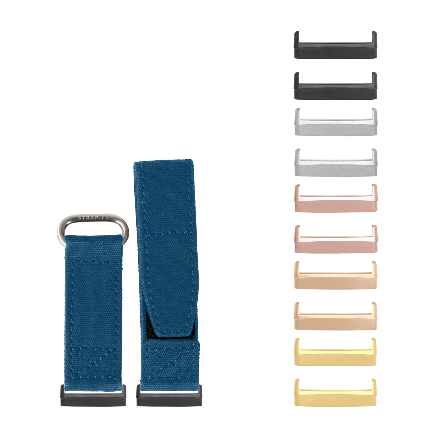 Military velcro watch bands for Fitbit Versa and Sense in petrol blue with interchangeable metal hardware in multiple finish options