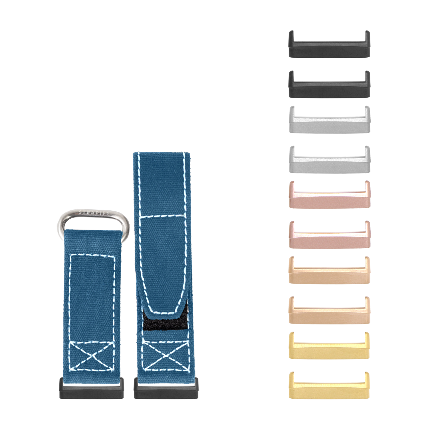 Military velcro watch band petrol blue with white stitching shown with interchangeable metal hardware in multiple finishes
