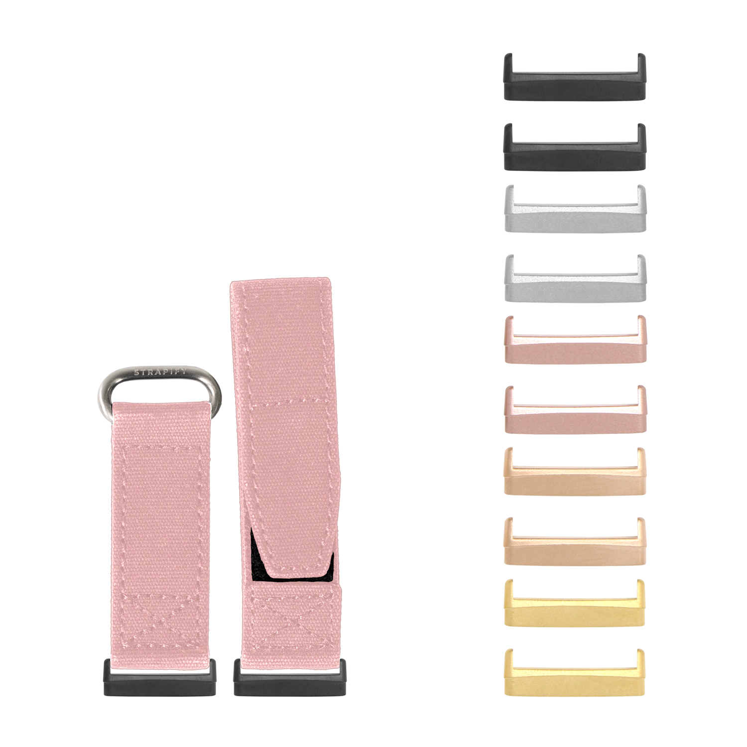 Pink velcro watch band with metal buckle for Fitbit Versa 3, Versa 4, Sense 1 and Sense 2, shown with interchangeable metal hardware in multiple colors