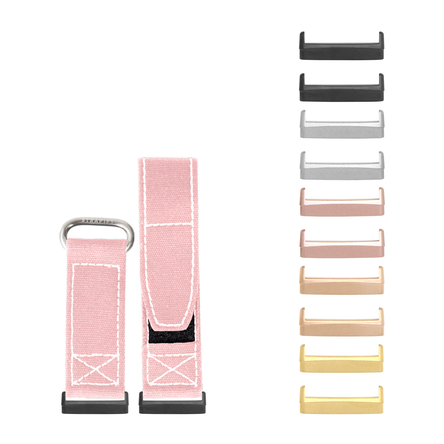 Fitbit Versa 3 4 and Sense 1 2 pink military velcro watch band with white stitching and interchangeable metal hardware in multiple finishes