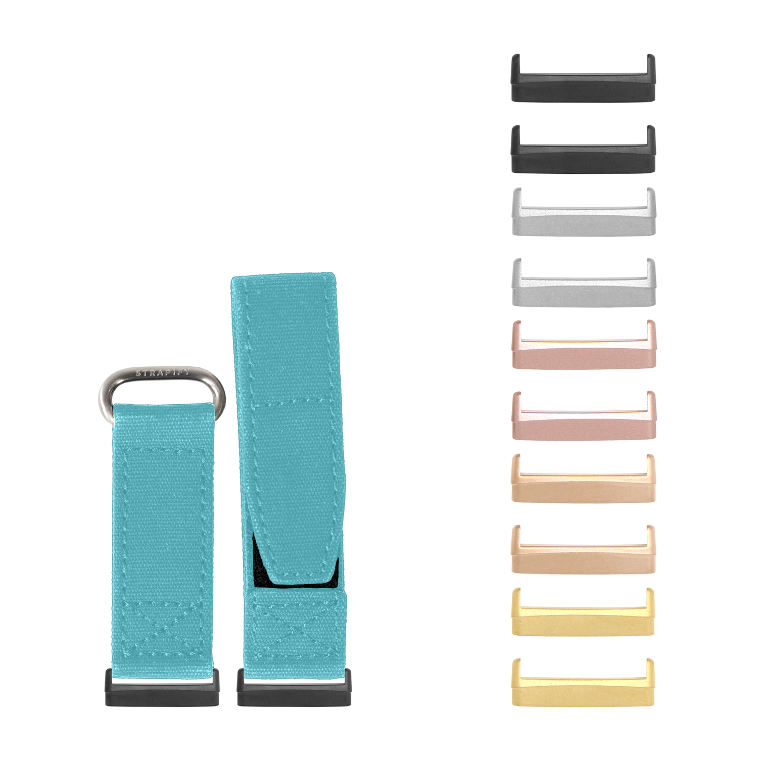 Turquoise canvas Velcro watch bands with metal hardware in multiple color options including black, grey, rose gold, tan, and yellow finishes