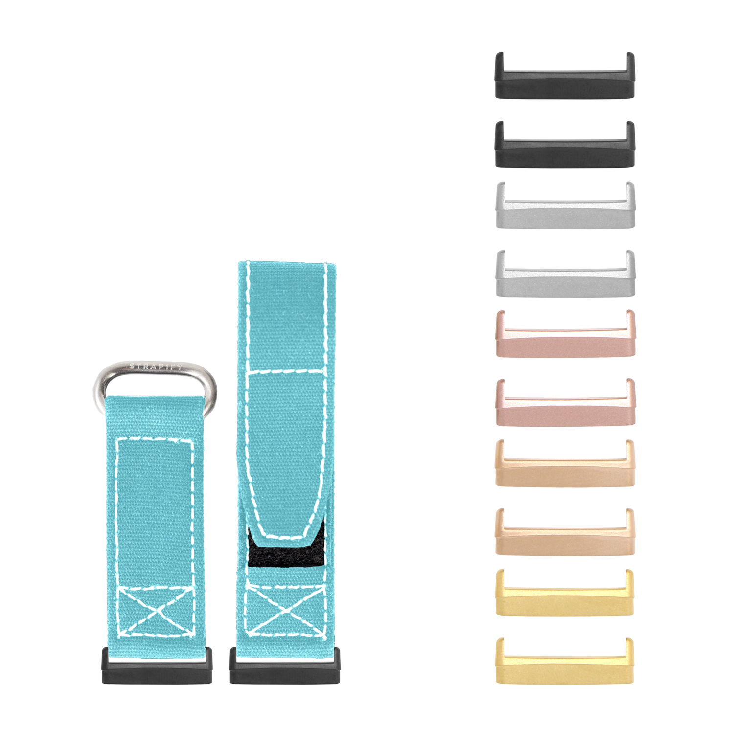 Military-style velcro watch bands for Fitbit Versa and Sense in sky blue with white stitching, shown with multiple color options