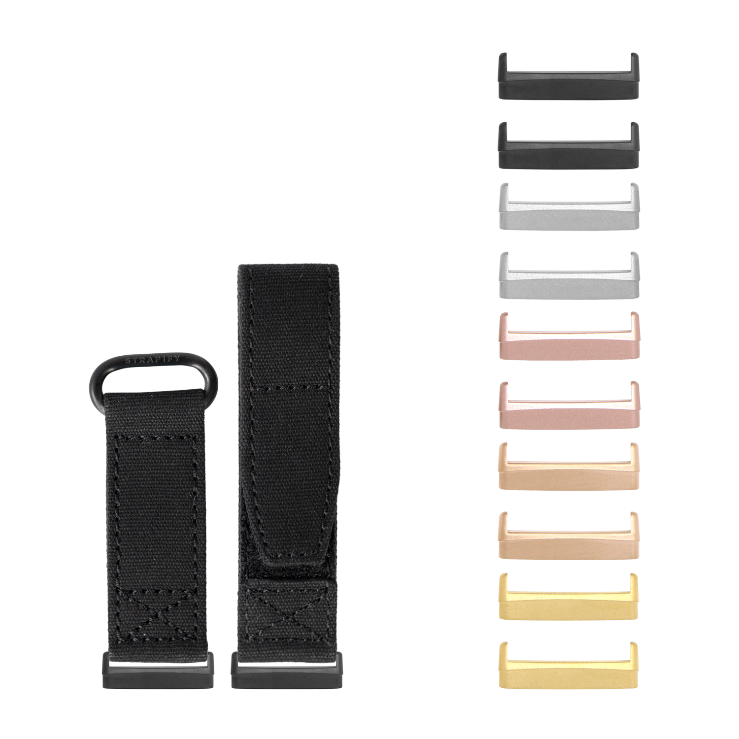 Military velcro watch bands for Fitbit Versa and Sense in stealth black with multiple color options including black, gray, rose gold, gold and yellow
