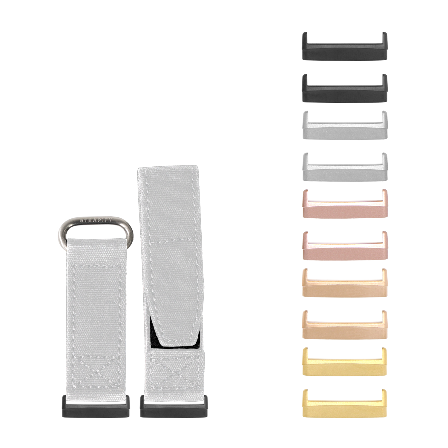 Military velcro watch bands for Fitbit Versa and Sense in multiple colors including white, black, gray, rose gold, gold and yellow finishes