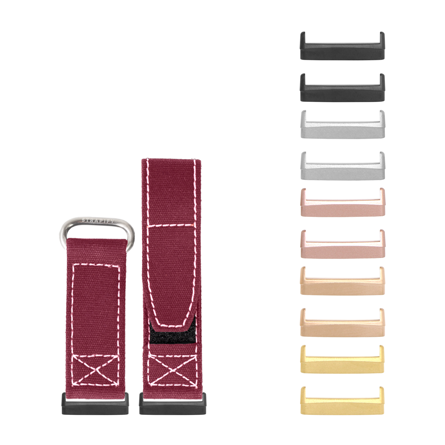 Military velcro watch band wine red with white stitching for Fitbit Versa and Sense, shown with interchangeable metal hardware in multiple finishes
