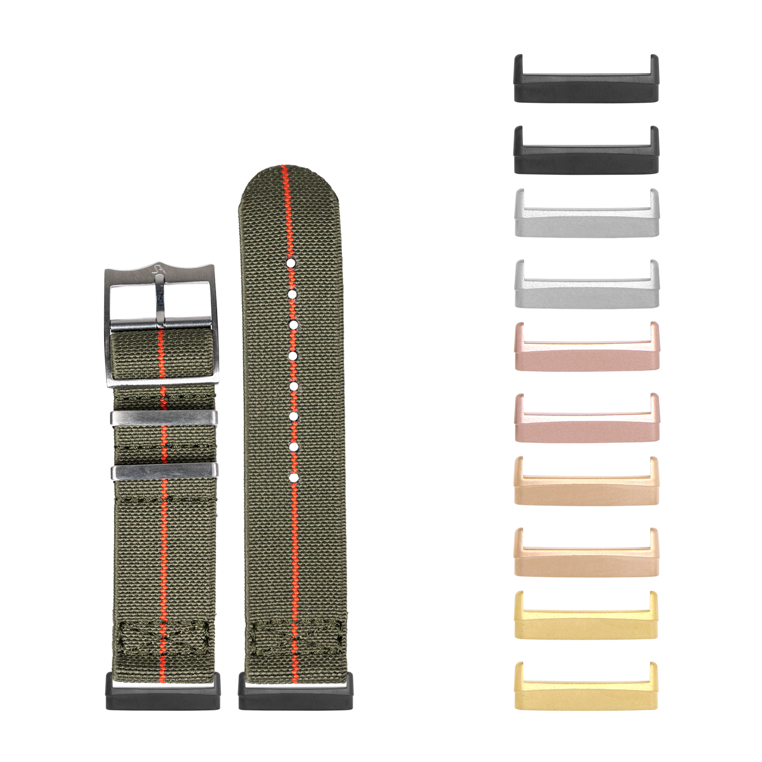 Olive green fabric watch band with red stripe and interchangeable metal lugs in multiple color options for Fitbit Versa and Sense