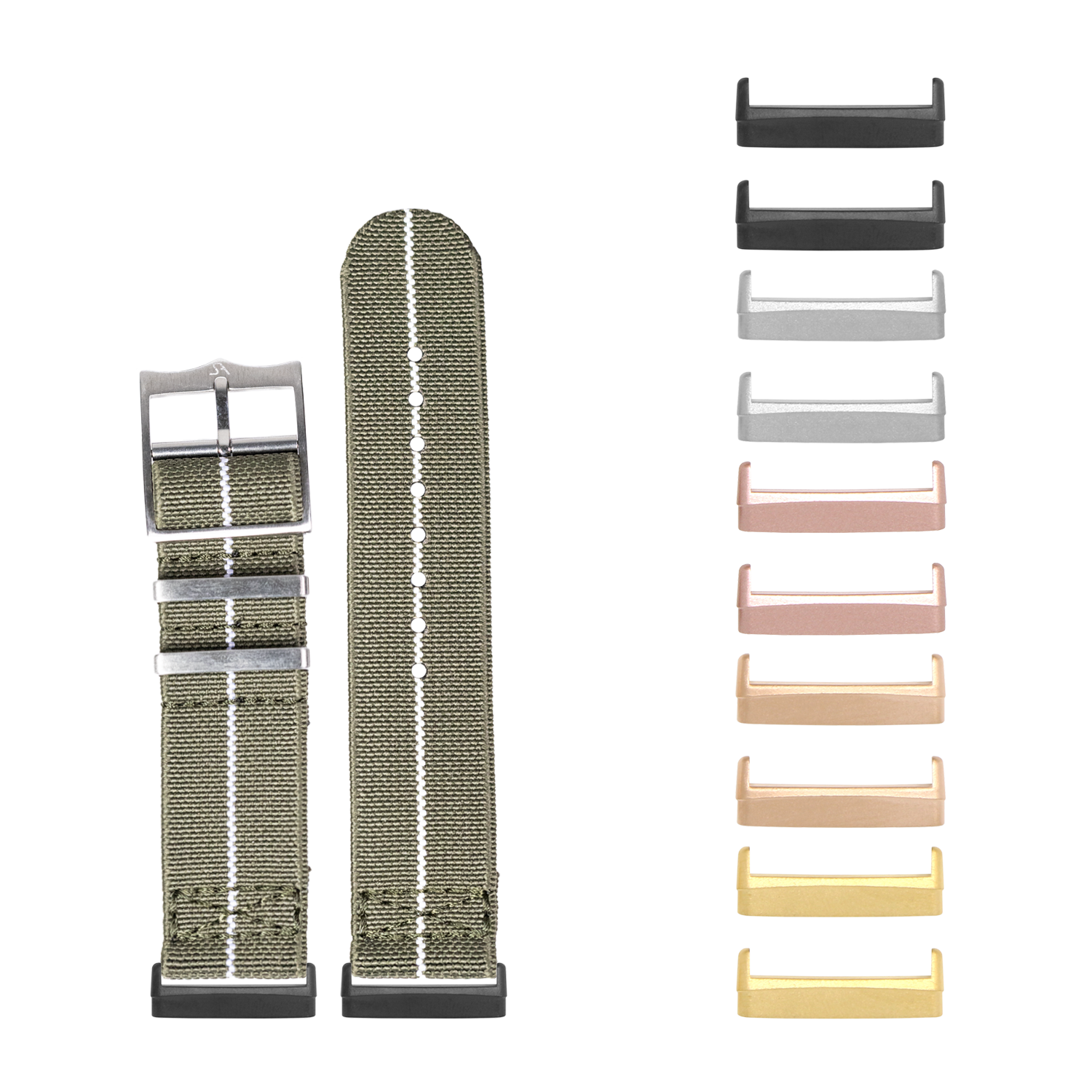 Olive green nylon watch band with metal buckle for Fitbit Versa and Sense smartwatch, shown with multiple color strap options