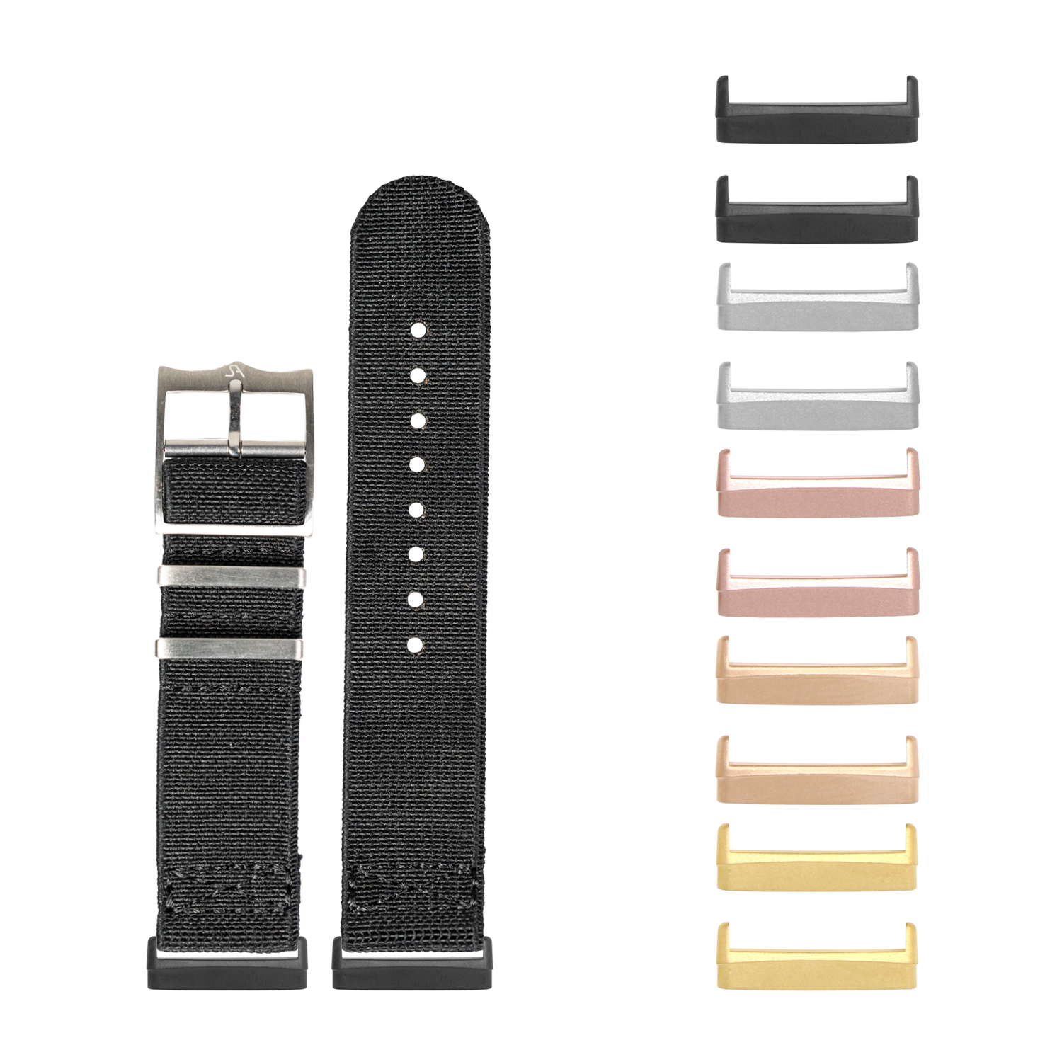 Black fabric watch band with metal buckle and interchangeable metal lugs in multiple finishes for Fitbit Versa and Sense smartwatches
